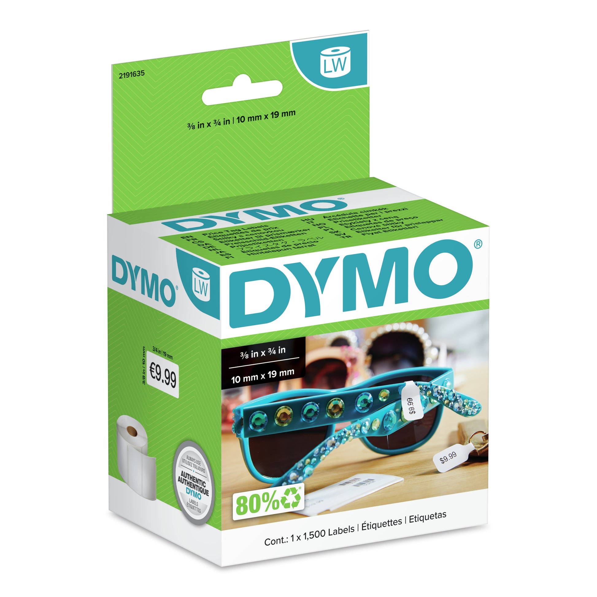 DYMO Druckeretiketten, 10 mm × 19 mm, weiss, Papier, selbstklebend, 1 Rolle à 1.500 Etiketten