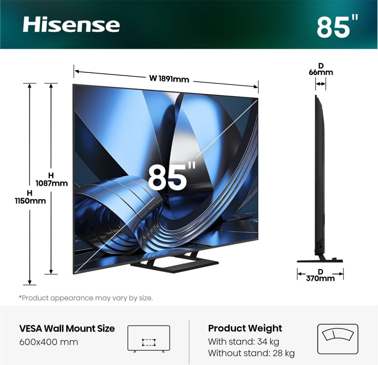 Hisense U7DSE – 85" TV – 4K UHD – Mini-LED – VIDAA – 144 Hz – Dolby Vision