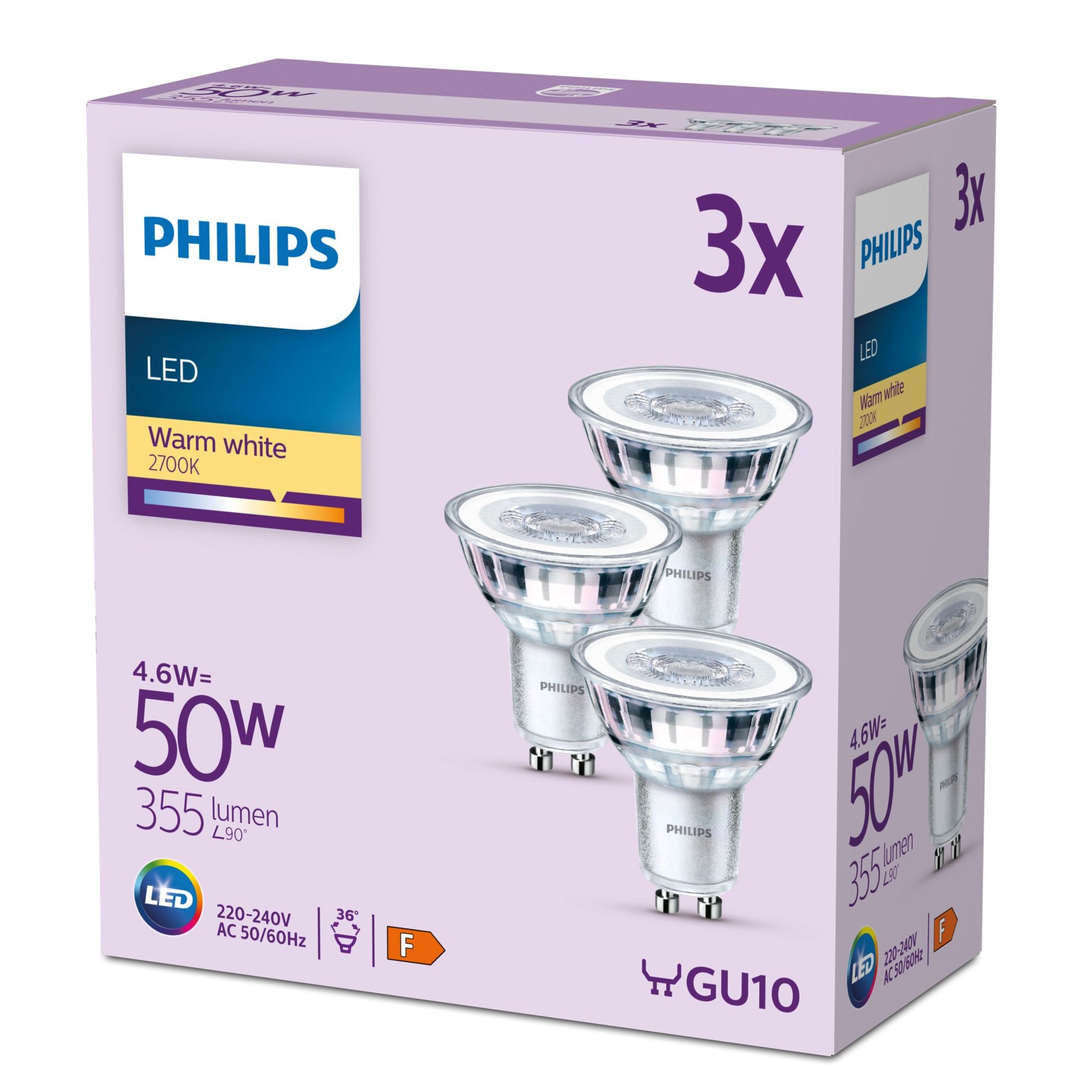 Philips by Signify Philips LED-Leuchtmittel GU10 Spot – Warmweiss 2700 K, 355 lm, 4,6 W, 36° – 3 Stk., Silber