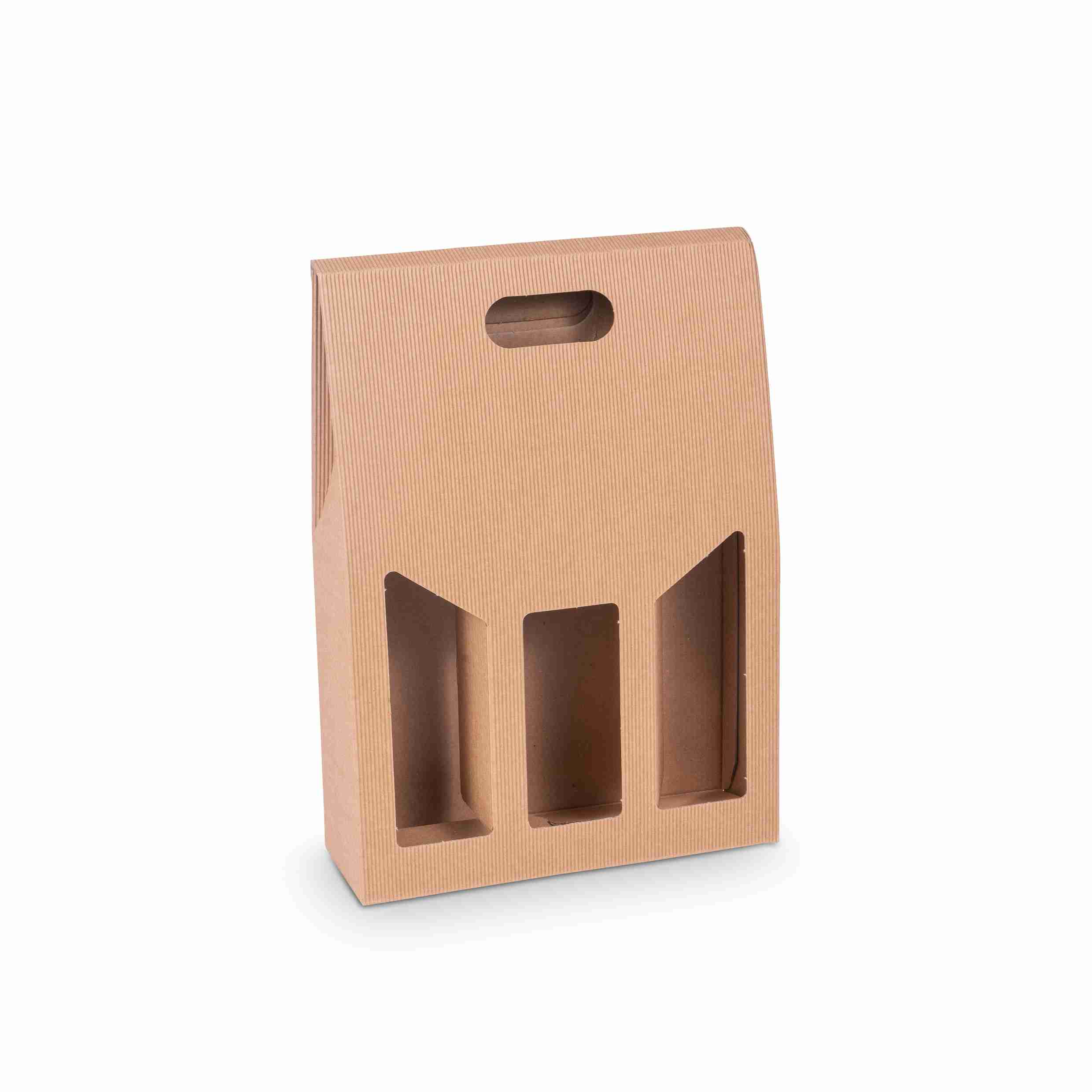 Weinpräsentkarton Onda Avana – braun – Innenmass 270 × 385 × 90 mm – für 3 Flaschen – Wellkarton, mit Tragegri – 1 Palette (1'700 Stk.)