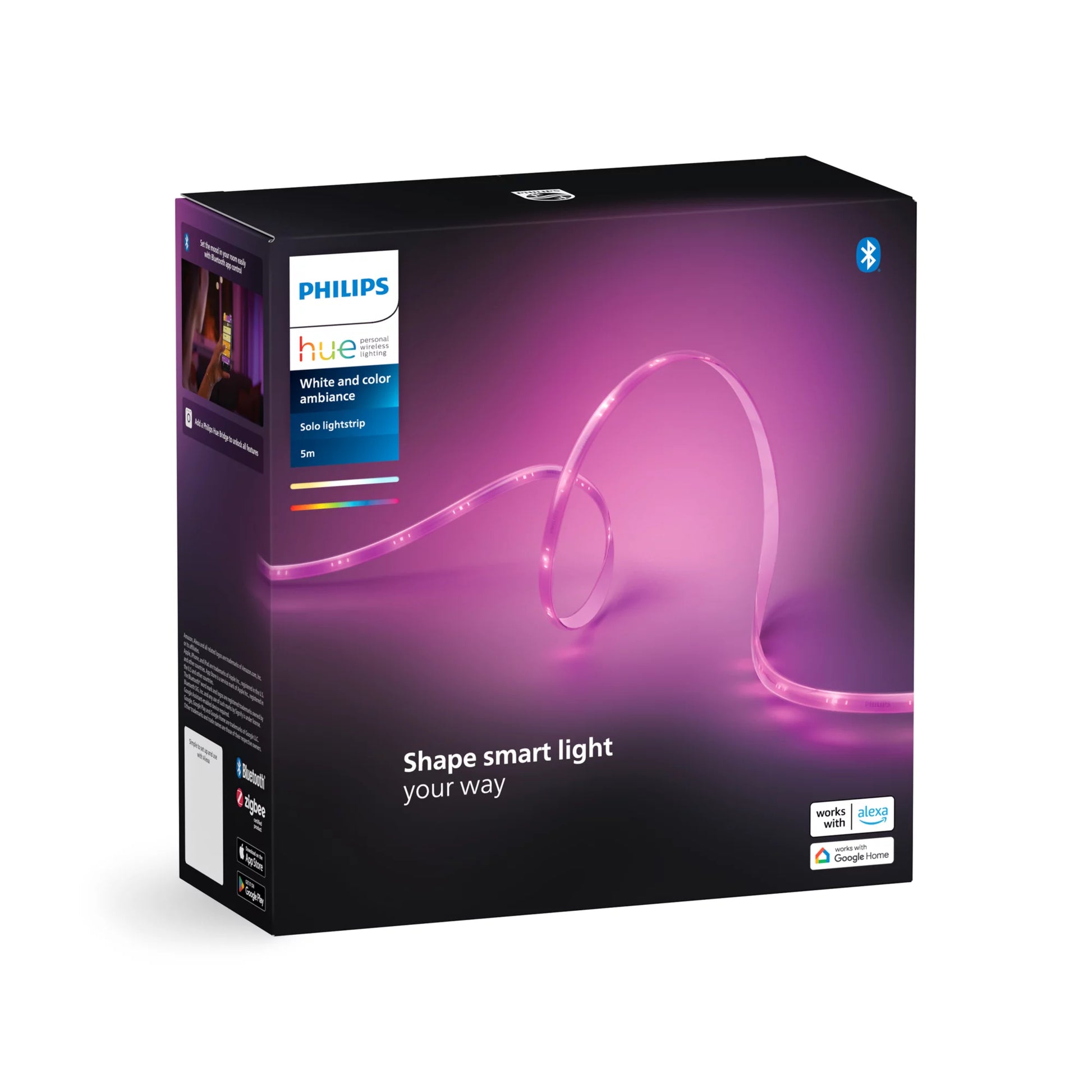 Philips by Signify Philips Hue LED-Strip Lightstrip Solo – 5 m, 1700 lm, 20 W, RGB, dimmbar, BT/Zigbee, weiss, mit Netzteil
