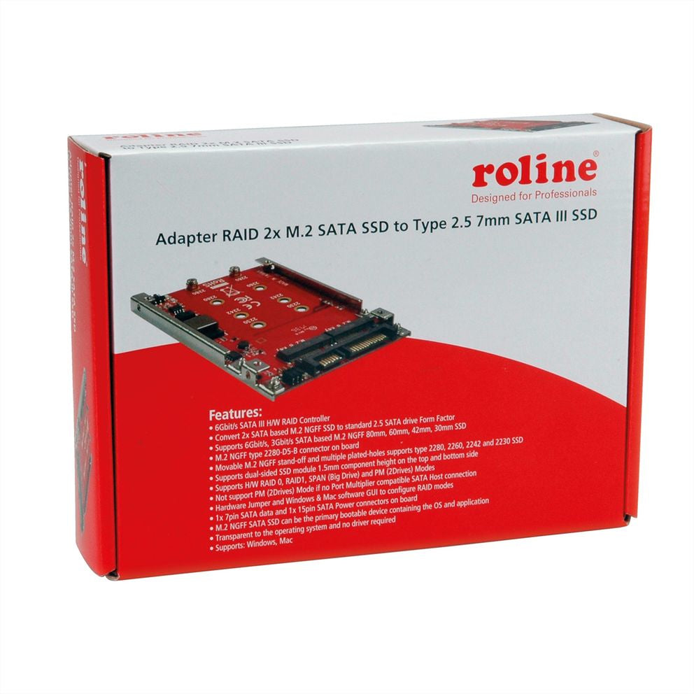 ROLINE M.2 zu SATA III Adapter – 2× M.2 (B-Key) 2230–2280, SATA 3.0 (6 Gbit/s), boot/RAID-fähig, rot