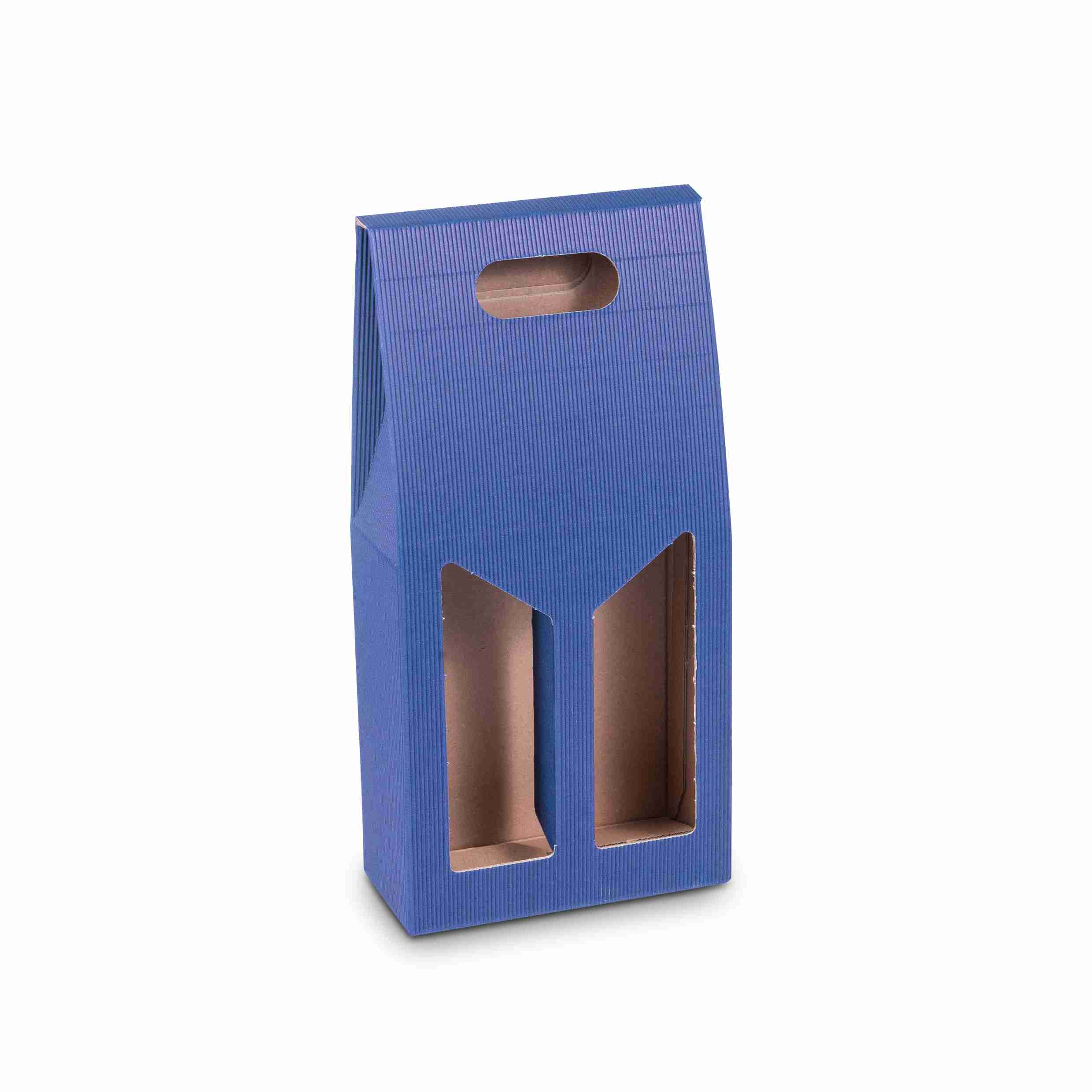 Weinpräsentkarton Wellpappe blau – Innenmass 180 × 385 × 90 mm – mit Tragegriff – für 2 Flaschen – 1 Stk., ab 200 Stk.