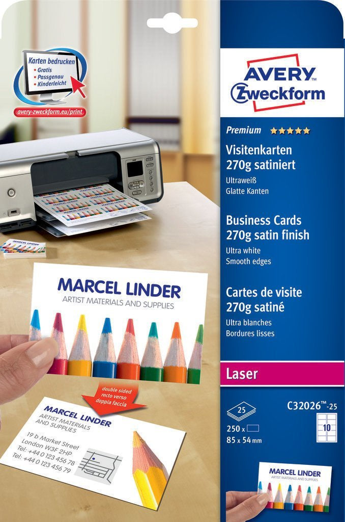 Avery Zweckform Visitenkarten, Satin, 85 × 54 mm, 270 g/m² – für Laser – A4, 10 pro Blatt – 250 Karten