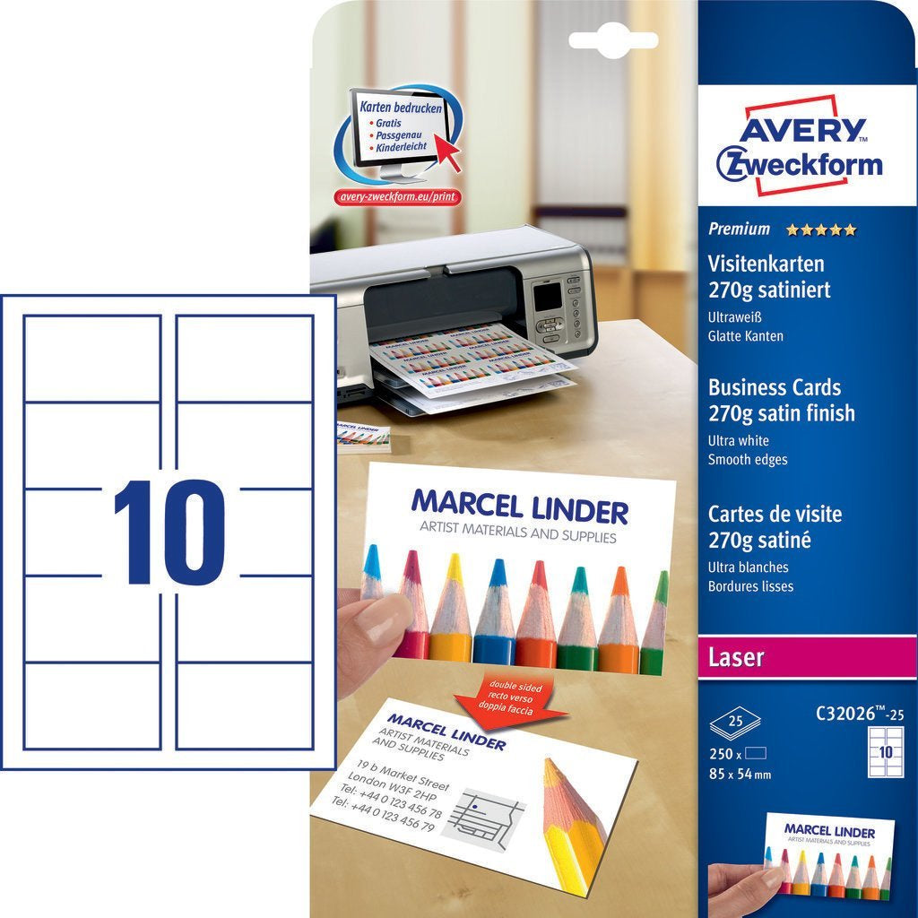 Avery Zweckform Visitenkarten, Satin, 85 × 54 mm, 270 g/m² – für Laser – A4, 10 pro Blatt – 250 Karten