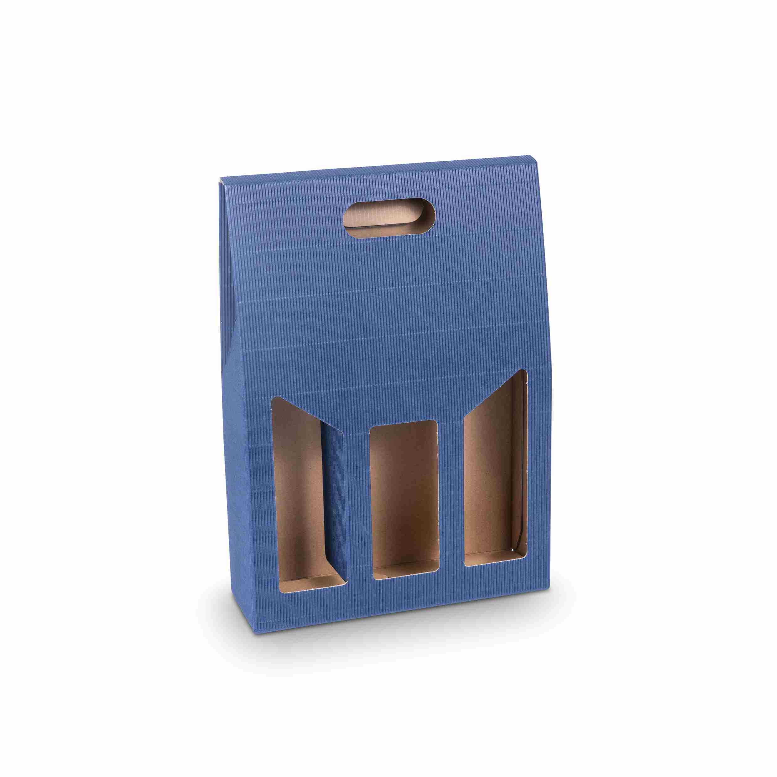 Model Weinpräsentkarton blau – Innenmass 270 × 385 × 90 mm – für 3 Flaschen – 1 Stk., ab 20 Stk.