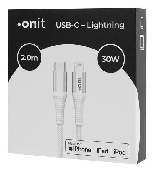 ONIT Daten- & Ladekabel – USB-C auf Lightning 2 m, PD 30 W, geflochten, Weiss – für iPhone/iPad