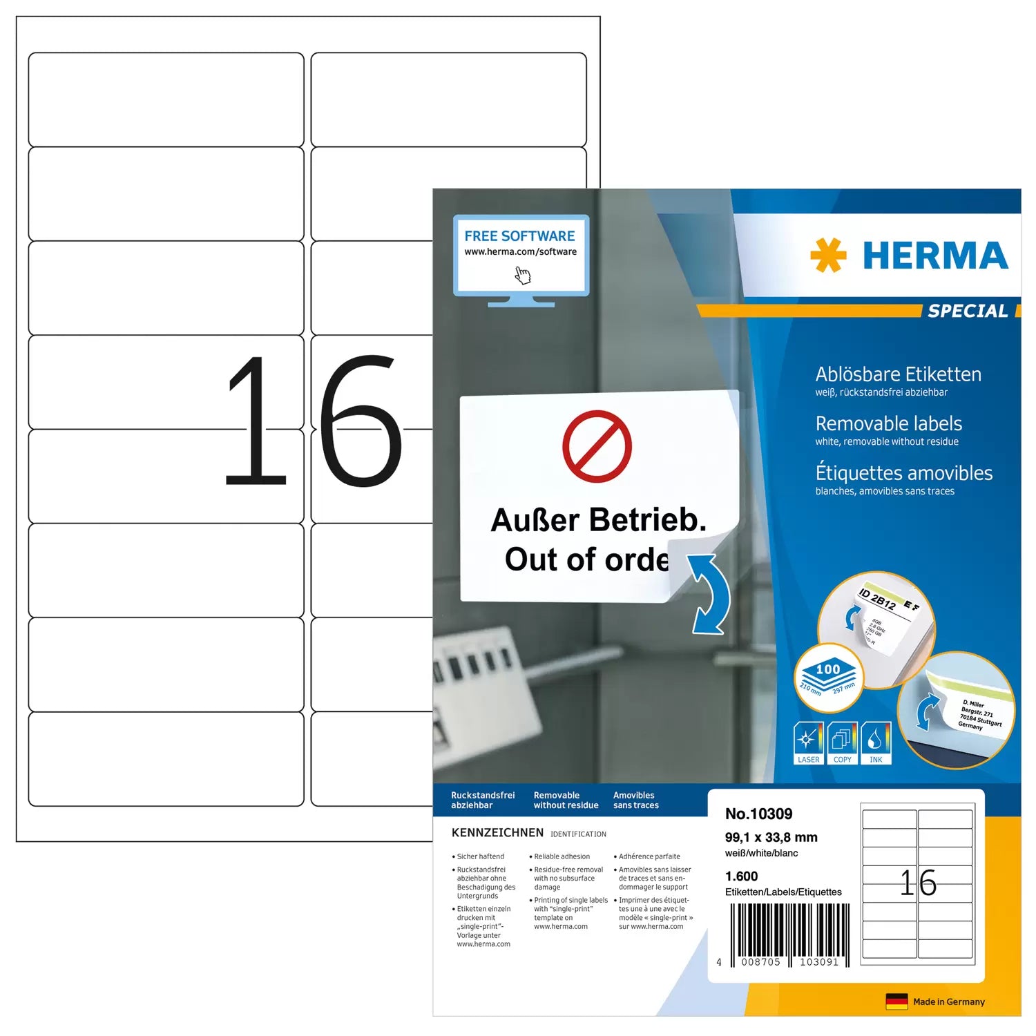 HERMA Etiketten, 99 mm × 34 mm, weiss, Papier, ablösbar, 100 Blatt (1600 Etiketten)