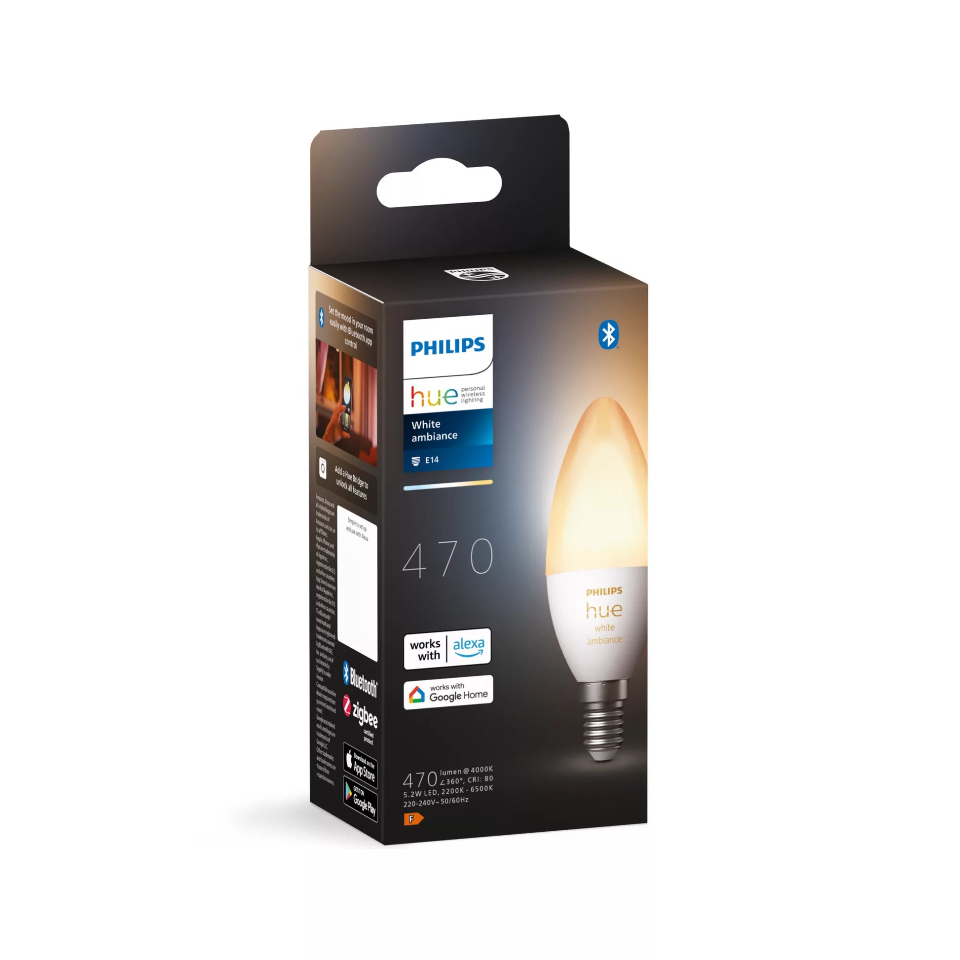 Philips by Signify Philips Hue Smart-Leuchtmittel E14 White Ambience – 470 lm, 2200–6500 K, App-Steuerung, dimmbar – Weiss