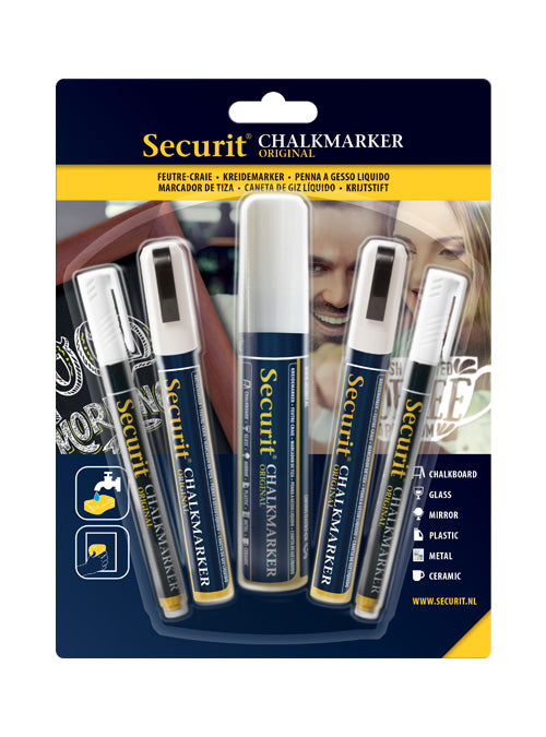 Securit BL-SMAMIX-V5-WT Kreidemarker – Rund 1–15 mm – 5er-Set, Weiss, für Tafel/Glas/Metall