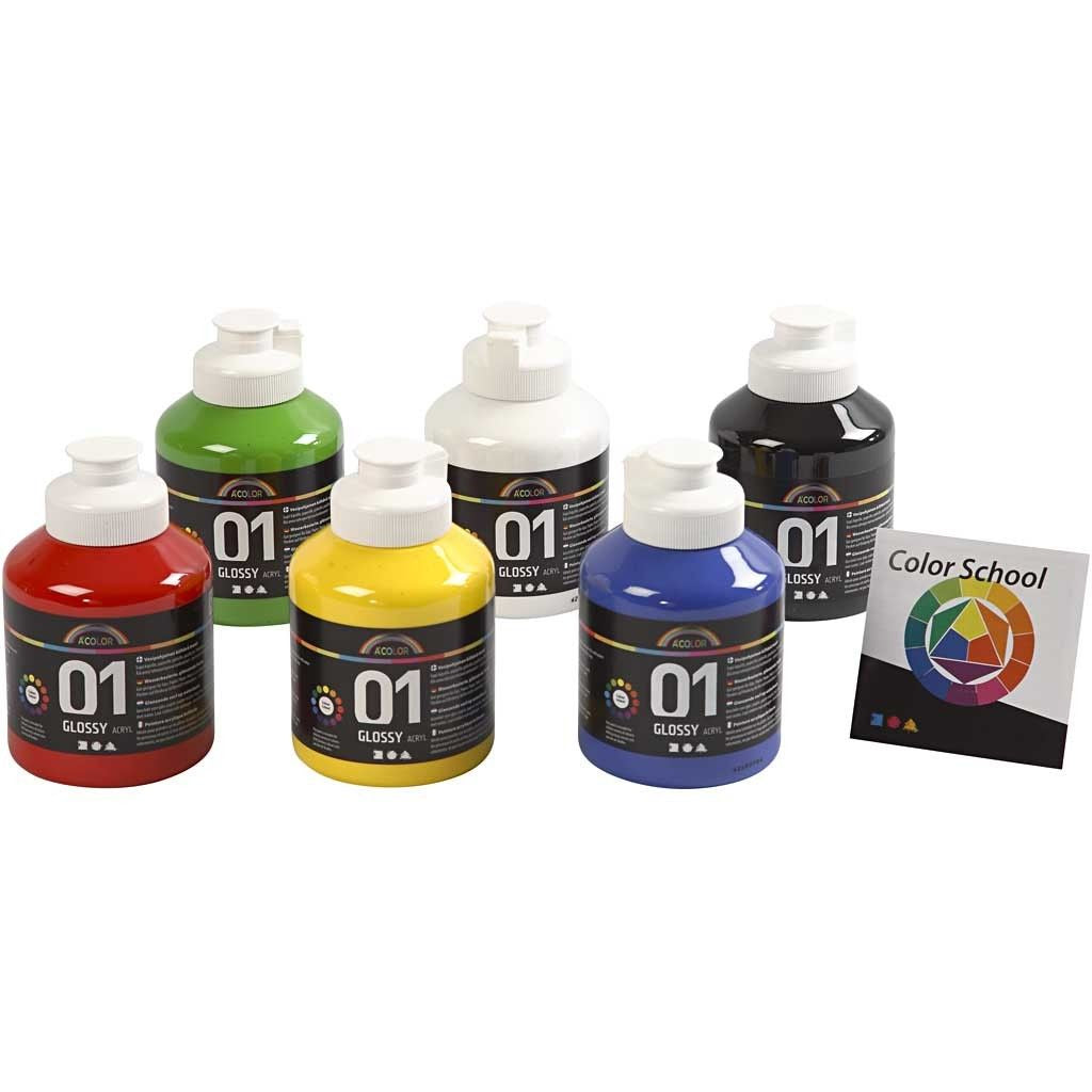 Creativ Company Acrylfarbe – Primärfarben, glänzend – 6×500 ml (3,0 l) – für Papier, Karton, Holz