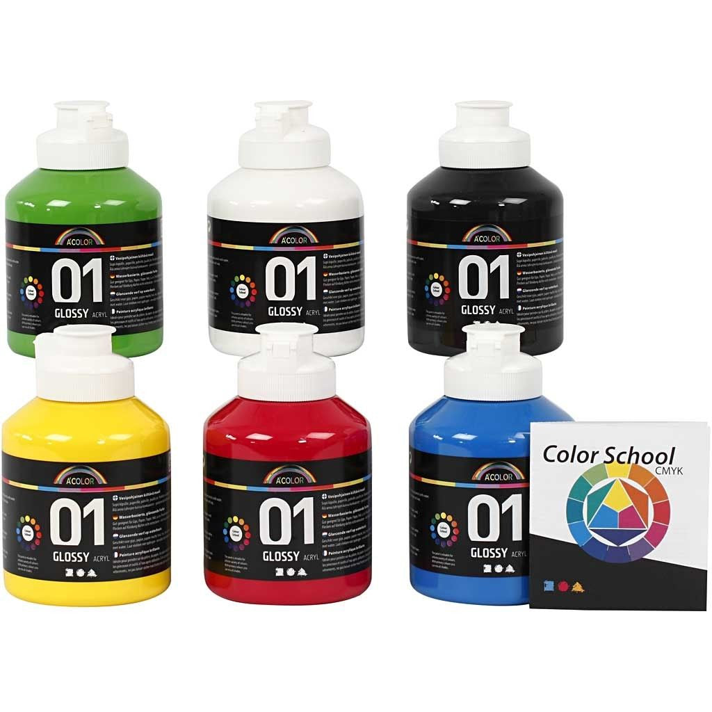 Creativ Company Acrylfarbe – Primärfarben, glänzend – 6×500 ml (3,0 l) – für Papier, Karton, Holz