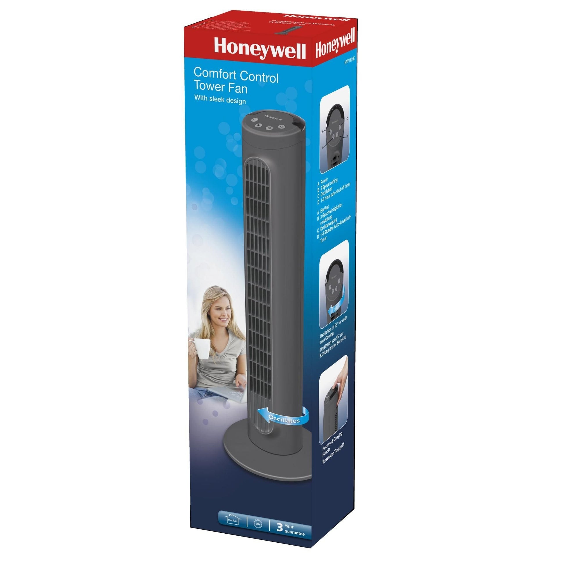 Honeywell Turmventilator Comfort Control HYF1101E4 – 36 W, 8 Stufen, oszillierend, Timer, 282 m³/h, 56 dB, Grau