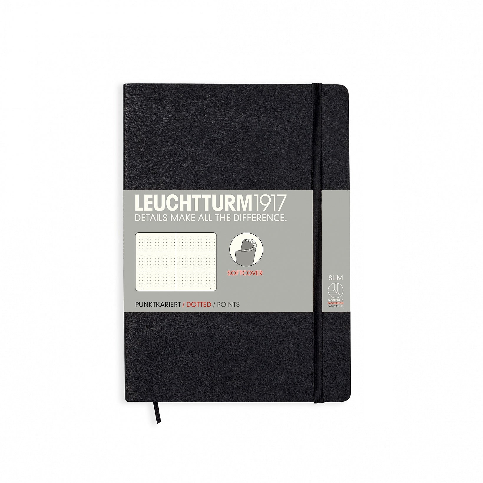 Leuchtturm Notizbuch – A5 – 121 Seiten – 80 g/m² – Softcover, Gummiband, Einstecktasche, schwarz