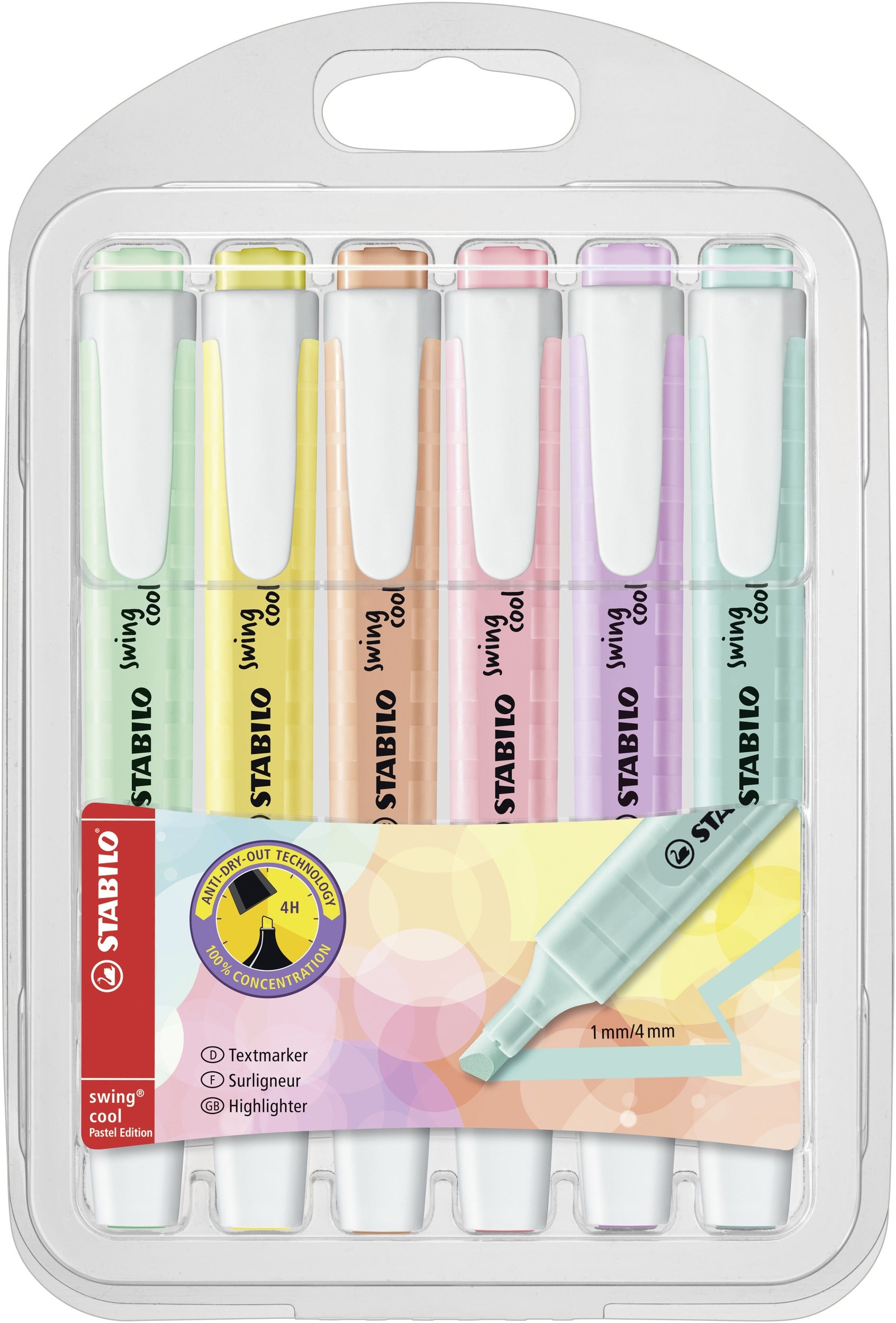 STABILO swing cool Pastel Edition Textmarker Set 6 Farben Pastell – Keilspitze, 1–4 mm