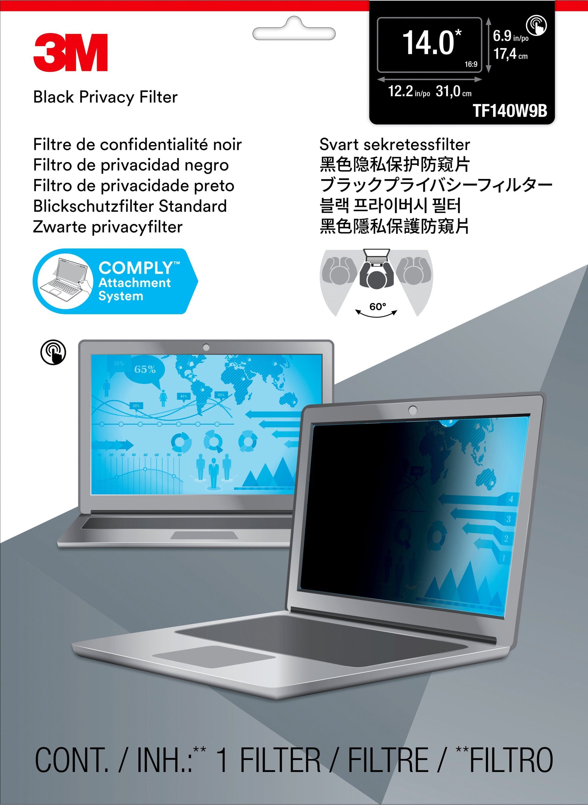 3M Displayschutz für Notebooks bis 14" (310 × 175 mm) – Schwarz