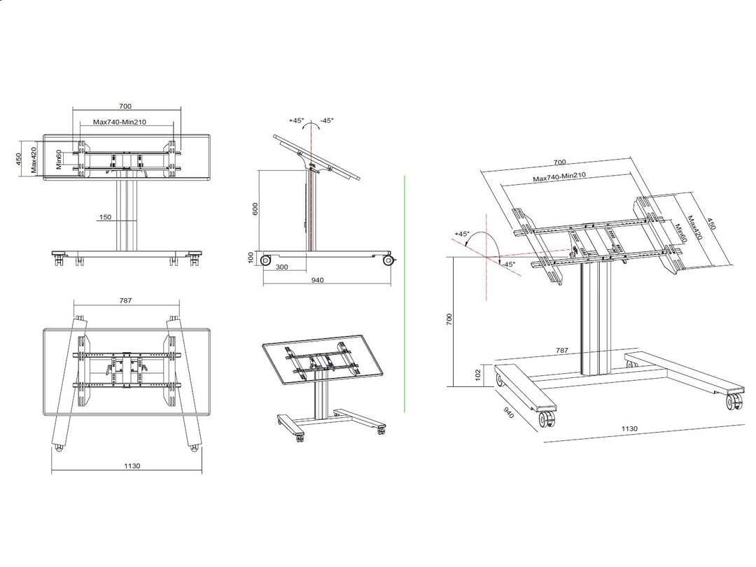Multibrackets 80 HD – neigbarer Displayständer für 44", VESA 100×400, bis 60 kg, silber
