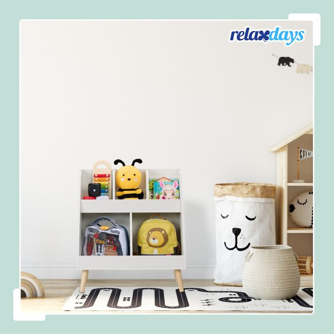 Relaxdays Kinderregal – 5 Böden – 60,0 × 30,0 × 66,0 cm – 25 kg – weiss/hellbraun – Faserplatte, Holz – 1 Stk.