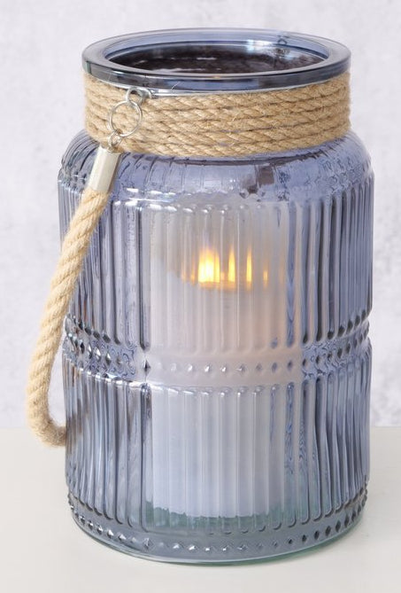 Boltze Windlicht – Glas & Jute & Textil, blau – Ø 13,5 × 21 cm