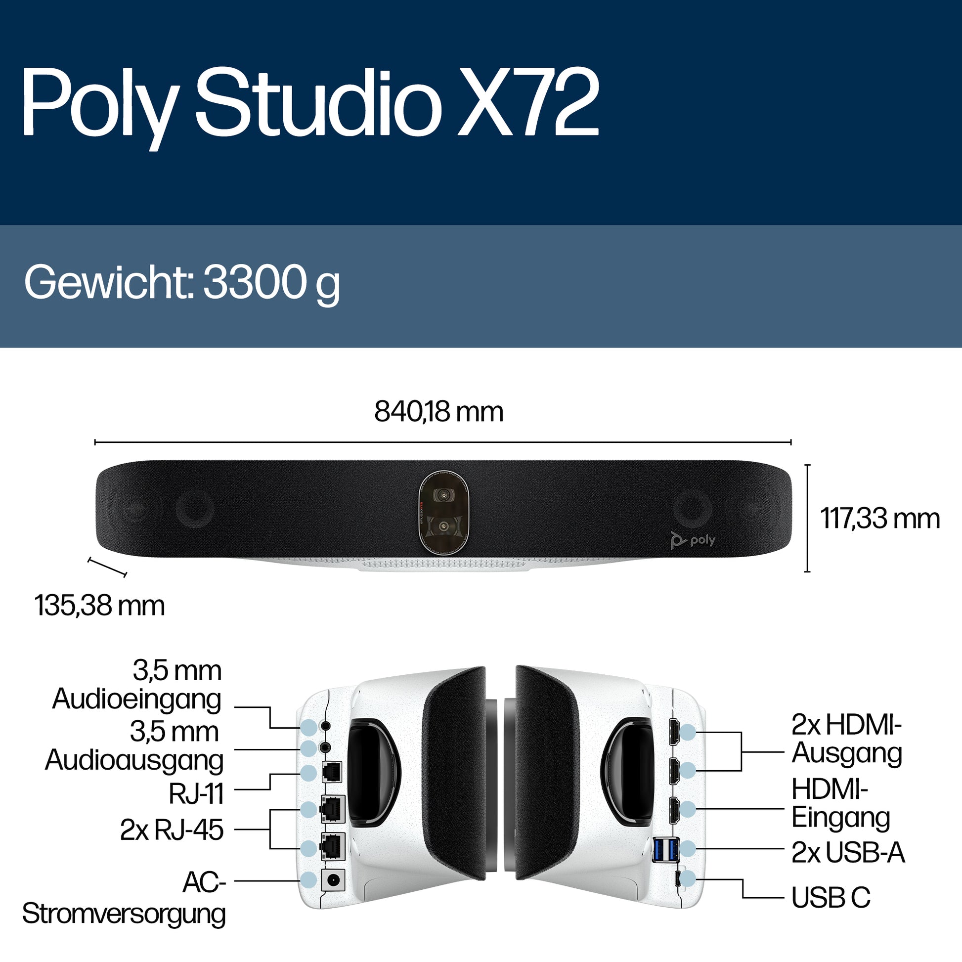 Poly Studio X72 – 4K Ultra HD Videokonferenzsystem, 7,3× Digitalzoom, Schwarz
