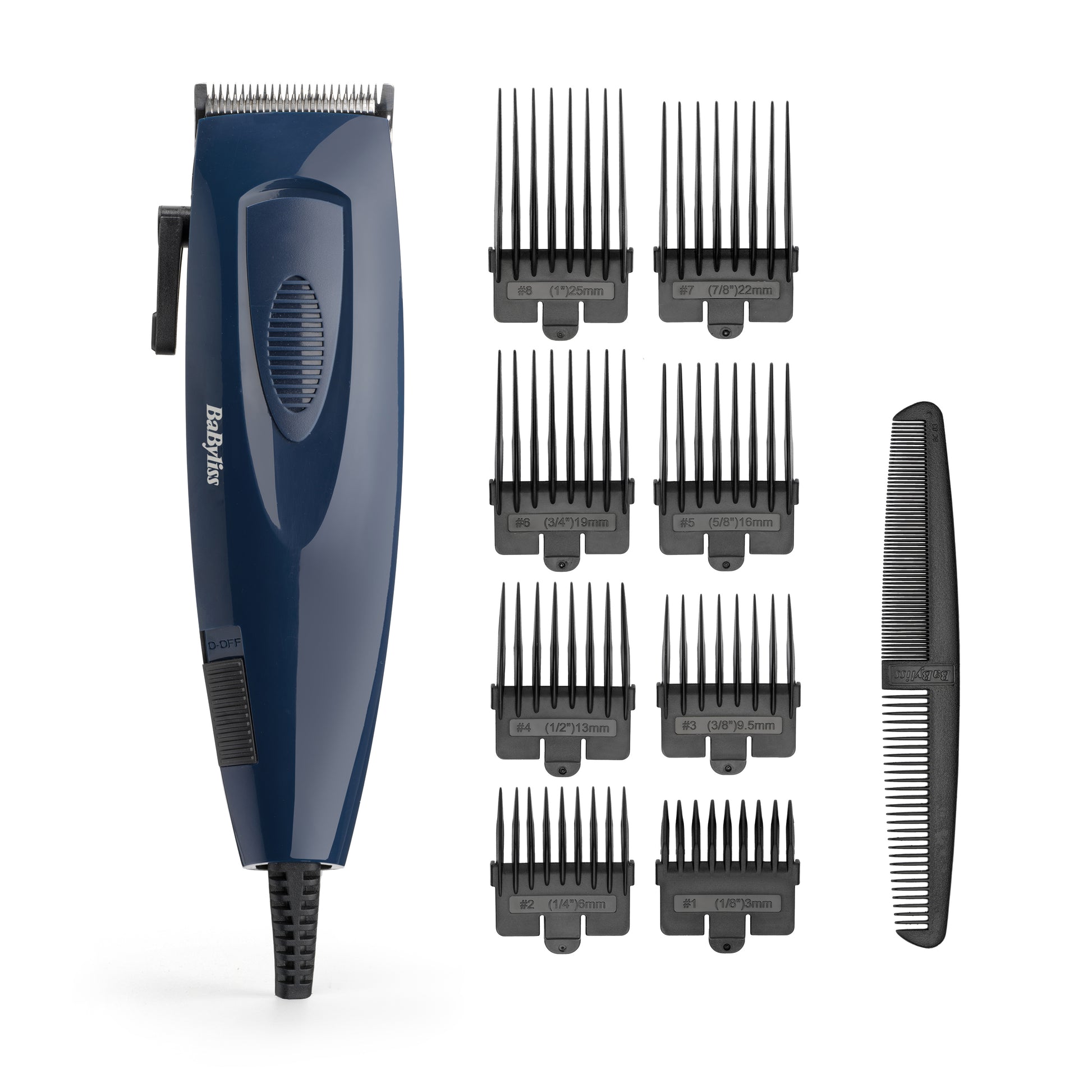 BaByliss Haarschneider E695E – netzbetrieben, 3–25 mm, 8 Kammaufsätze, Edelstahlklingen – blau