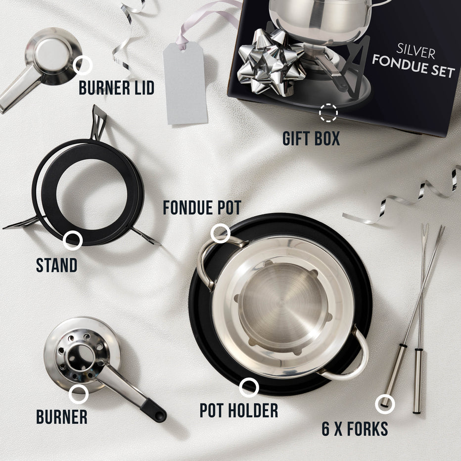Oak & Steel Fondue-Set – Ø 16 cm, 6 Personen, 11 Teile, Edelstahl, für Käsefondue