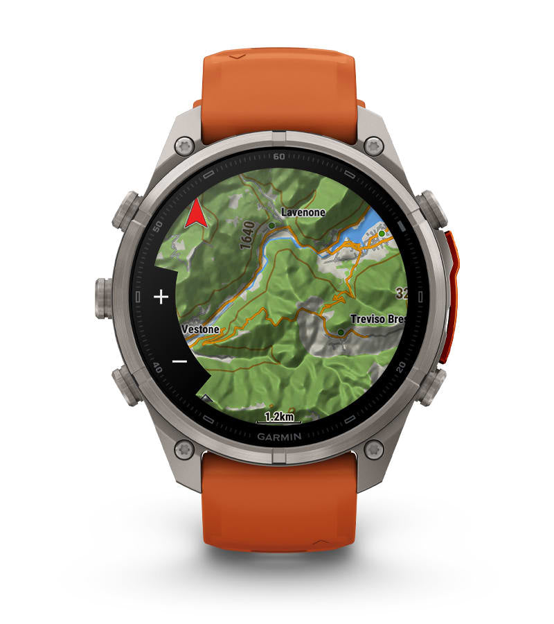 Garmin fēnix 9 Pro 51 mm GPS + Cellular – Titan, Silikonband, Orange, 100 m, für iPhone