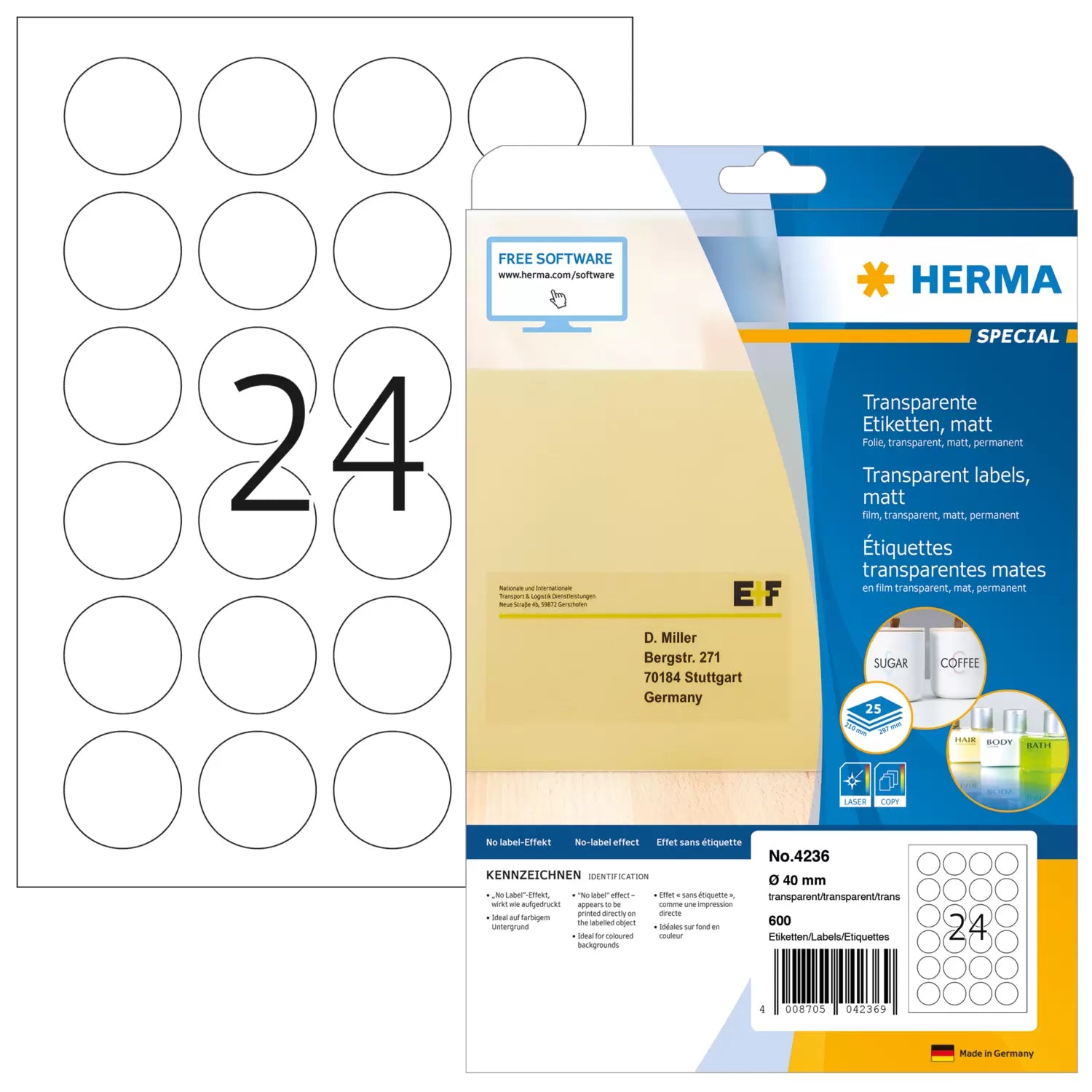 HERMA Runde Druckeretiketten, Ø 40 mm, transparent, PES-Folie, stark klebend, 600 Etiketten