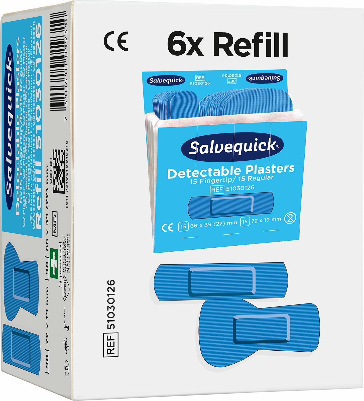 Cederroth Pflaster-Nachfüllpackung detektierbar, sortiert – 30 Stück, für Salvequick Spender, blau