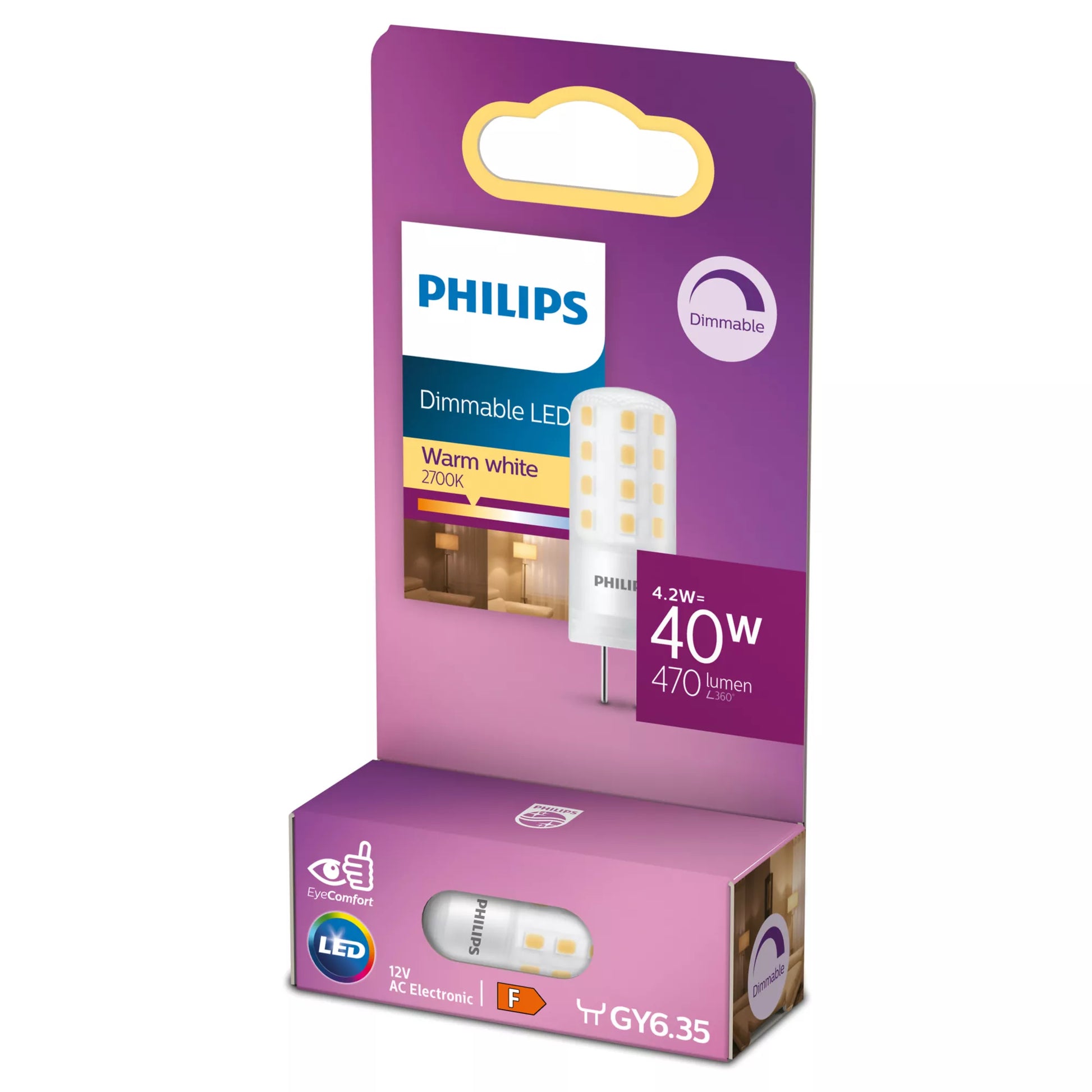 Philips by Signify Philips LED-Leuchtmittel GY6.35 Kapsel – Warmweiss 2700 K, 470 lm, 4,2 W, dimmbar – Weiss, Kunststoff