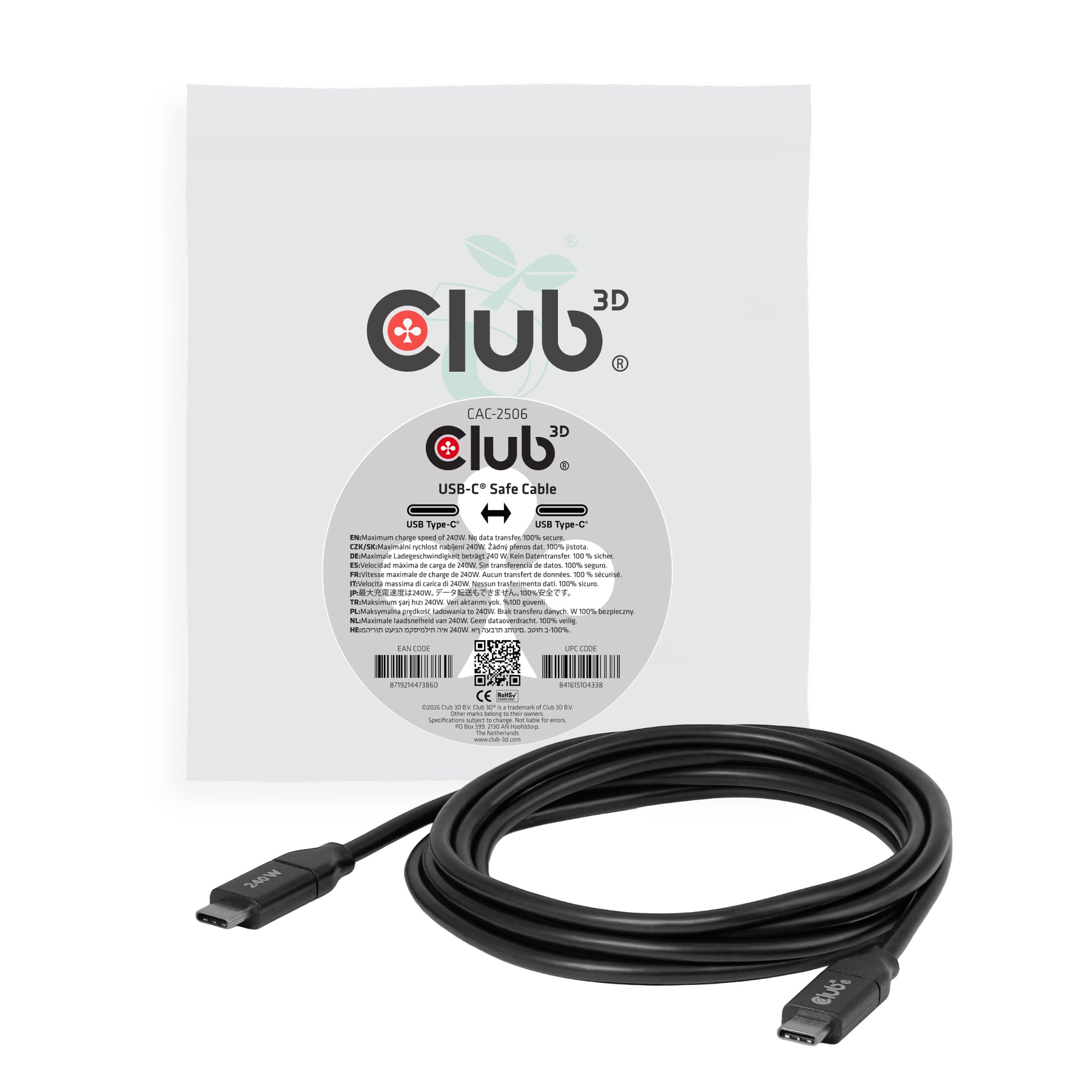 CLUB3D Club 3D – USB-C auf USB-C Kabel – 2 m – PD 240 W – Schwarz – für USB-C-fähige Geräte