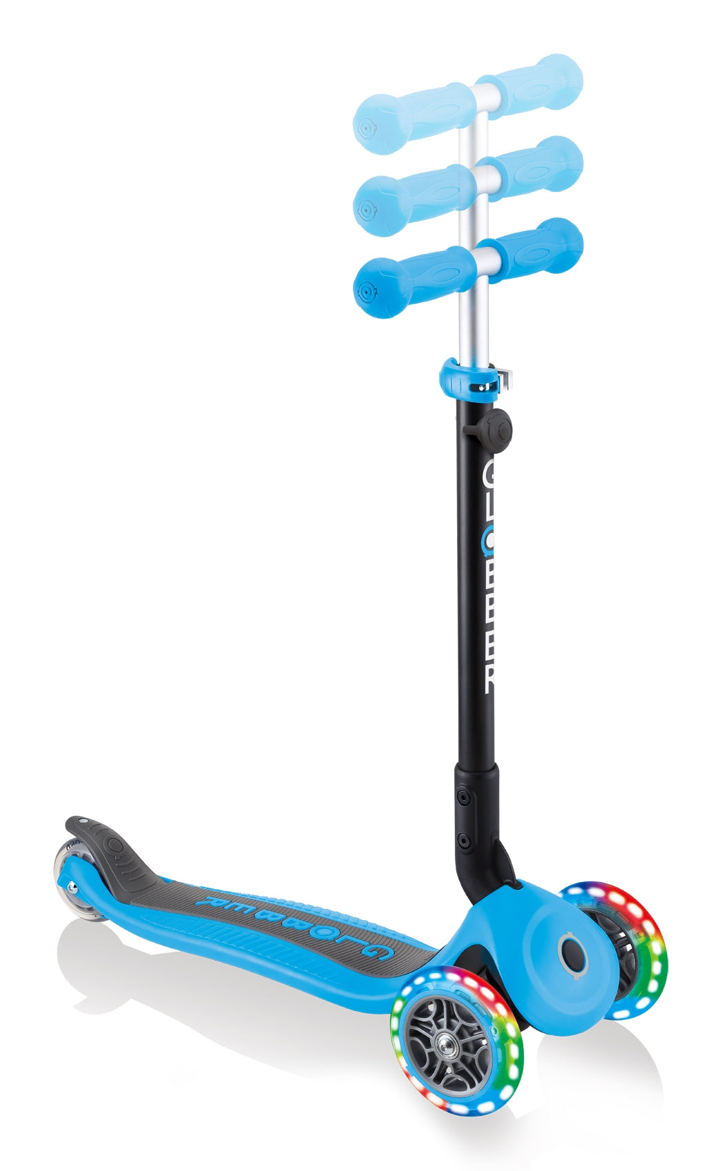 Globber GO UP Foldable Plus Lights Dreiradroller – faltbar, höhenverstellbar – hellblau – ab 1,2 J. – 50 kg