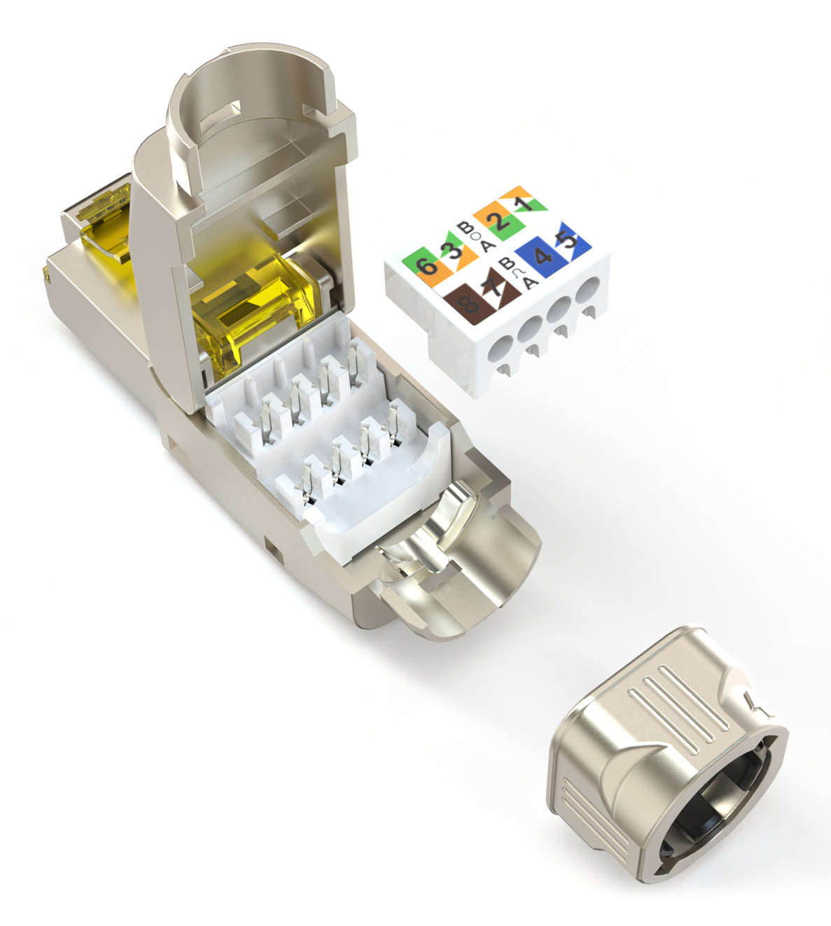 Digitus RJ-45 Feldstecker Cat8.1 – Geschirmt, werkzeugfrei, gerade, Nickel/Gold, Silber/Gelb, 1 Stück