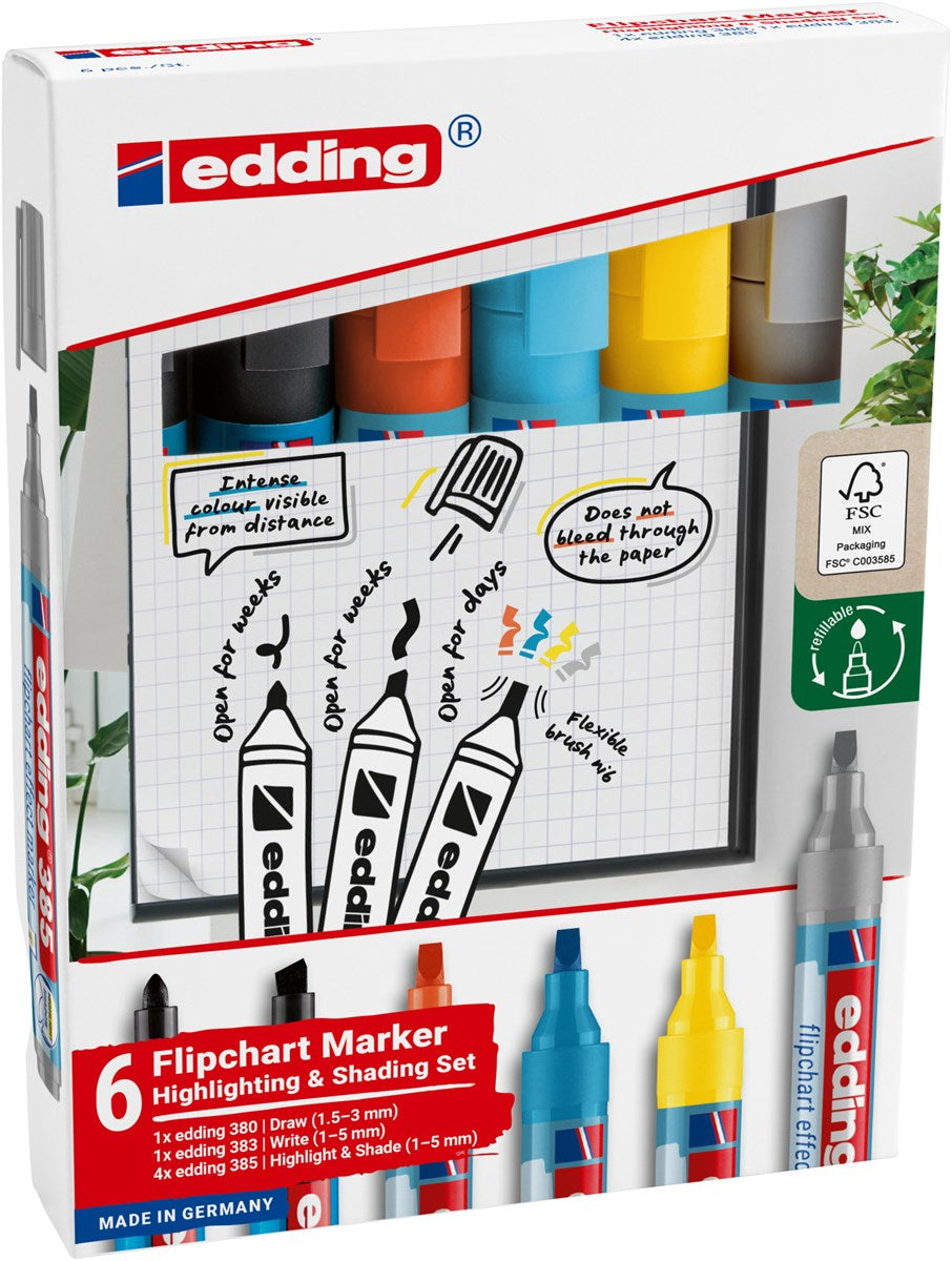 Edding Flipchart-Marker – schwarz, gelb, silber, 4 Stk., nachfüllbar, Cap-Off – für Flipcharts/Papier