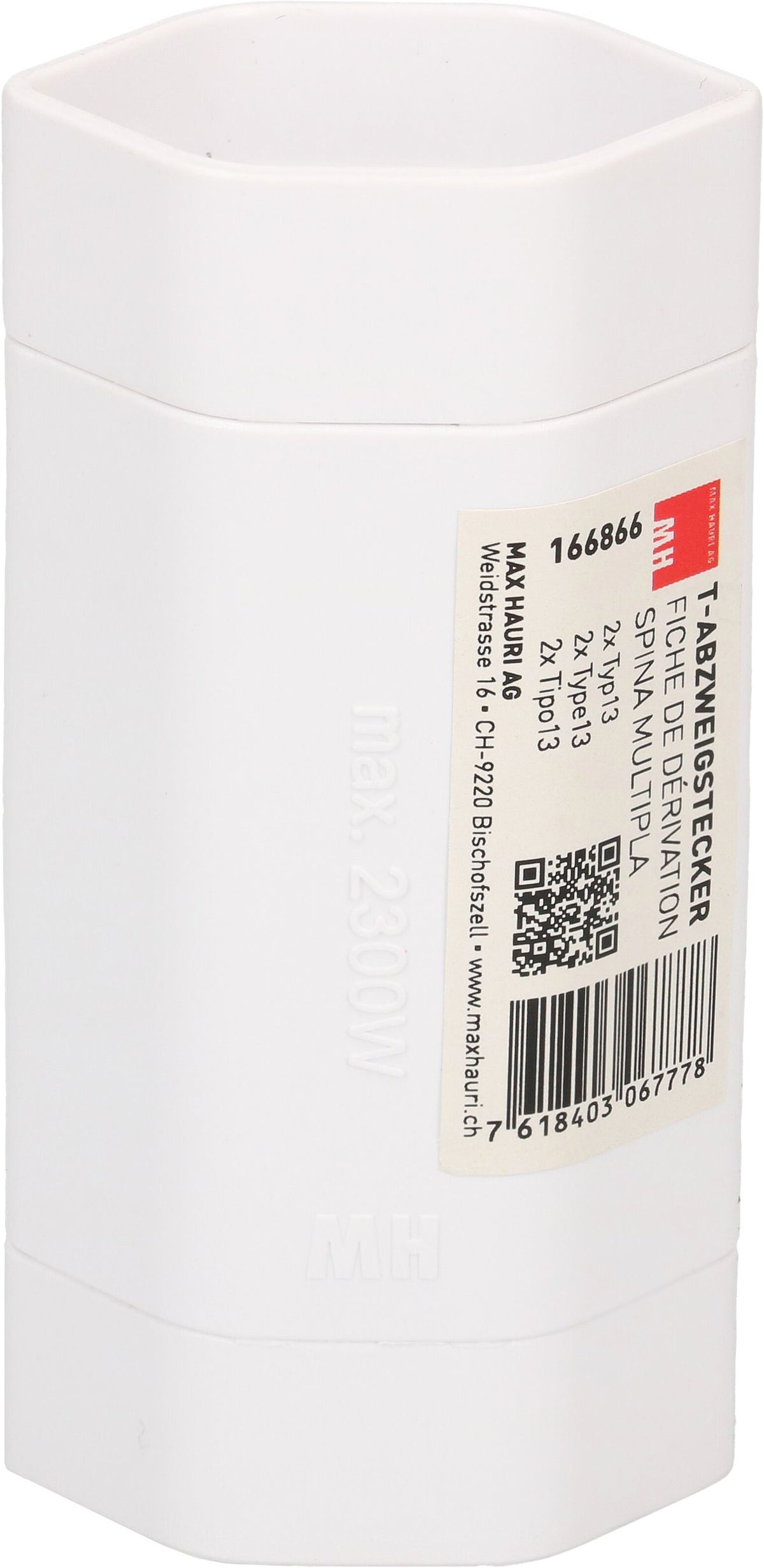 Max Hauri AG Steckdosenleiste, 2×T13, Eingang T12, 3-polig, 10 A 230 V, IP20 – weiss