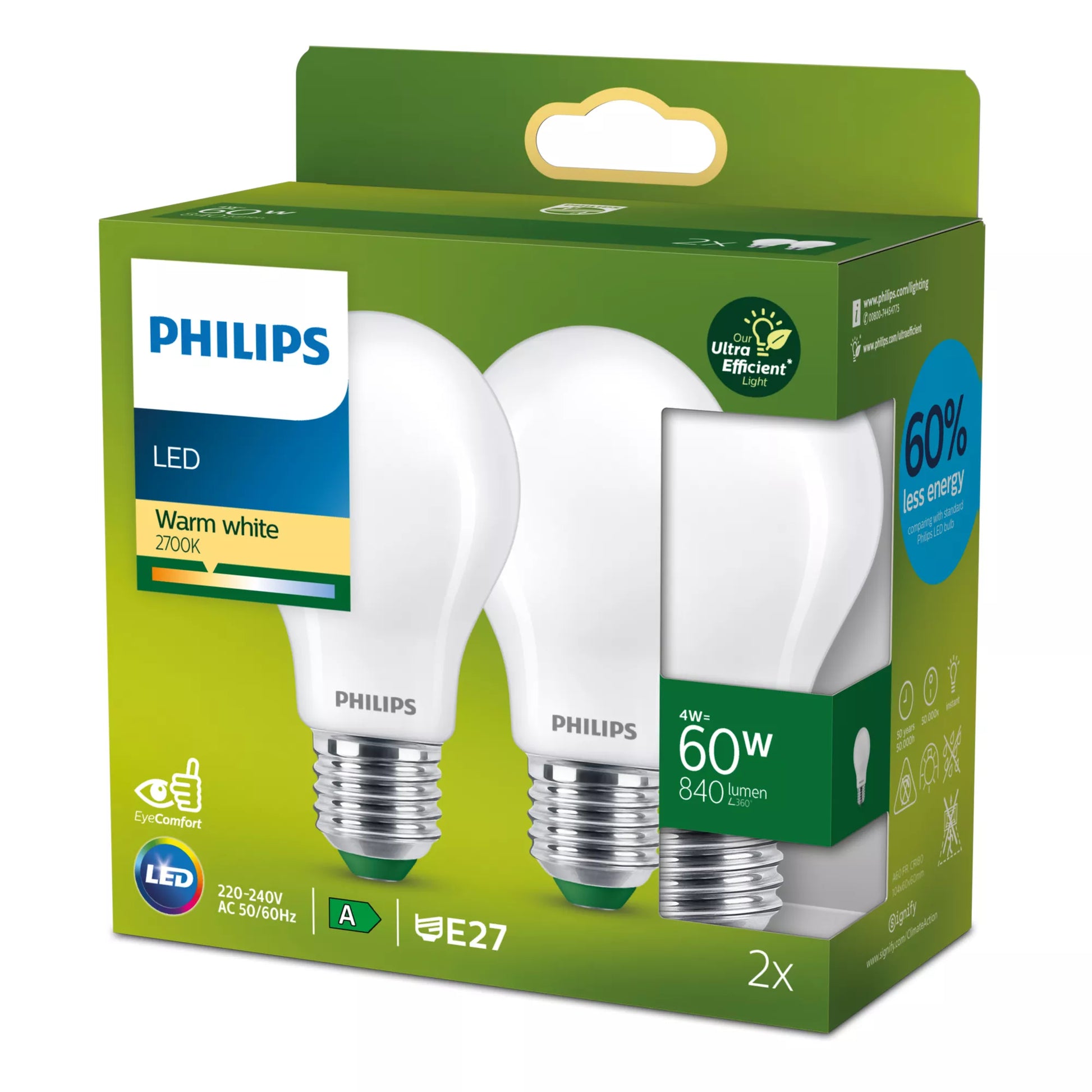 Philips by Signify Philips LED-Leuchtmittel E27 A-Form – Warmweiss 2700 K, 840 lm, 4 W – 2 Stk., Mattglas