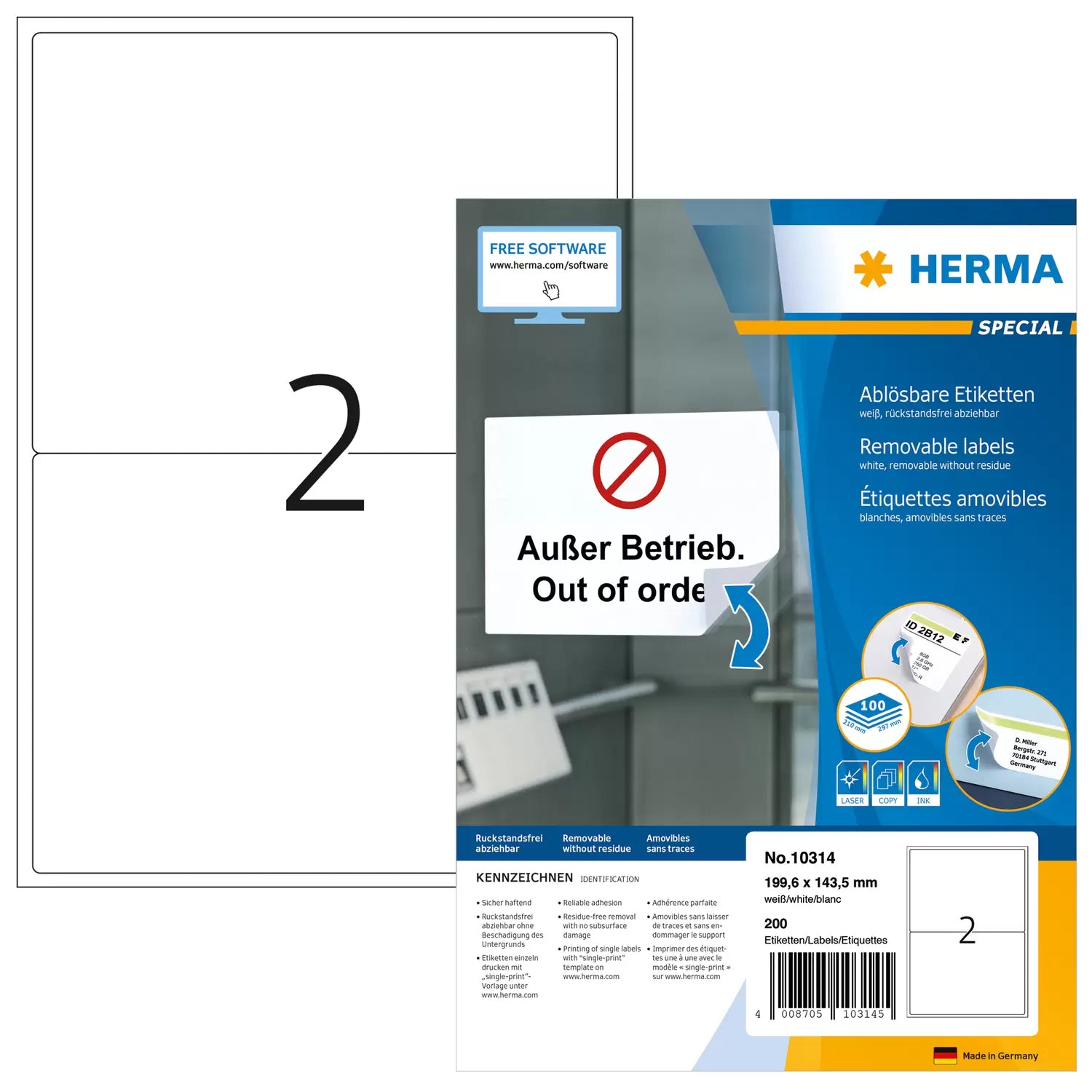 HERMA Drucketiketten, 200 mm × 144 mm, weiss, Papier, ablösbar, 200 Etiketten (100 Blatt)