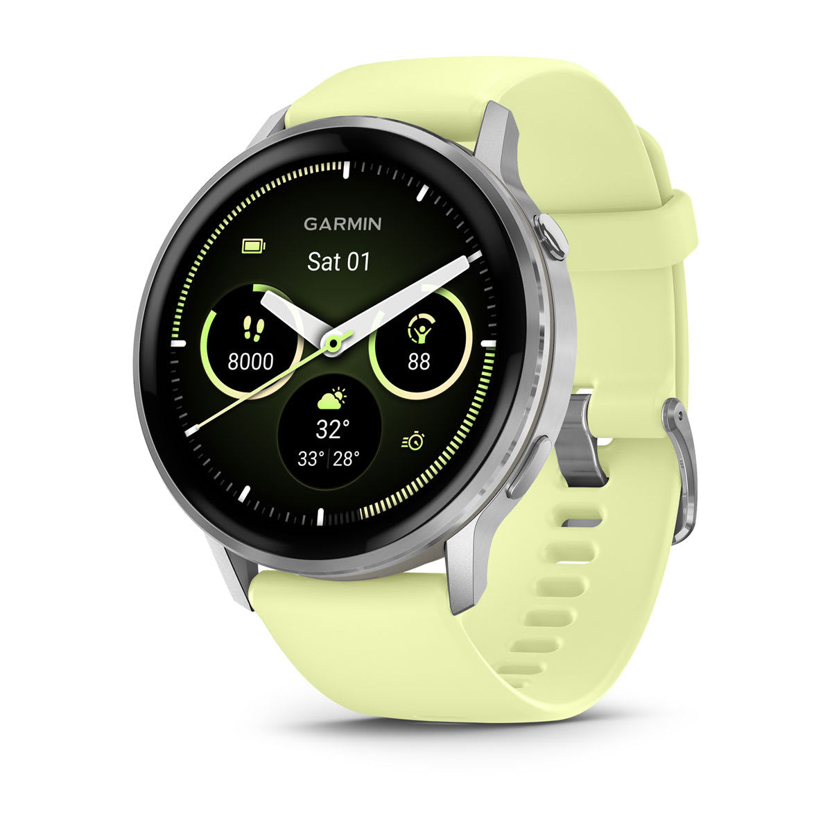 Garmin Venu 4 45 mm GPS – Edelstahl, Silber, Sportarmband Zitronengelb, 50 m, für Android, iOS