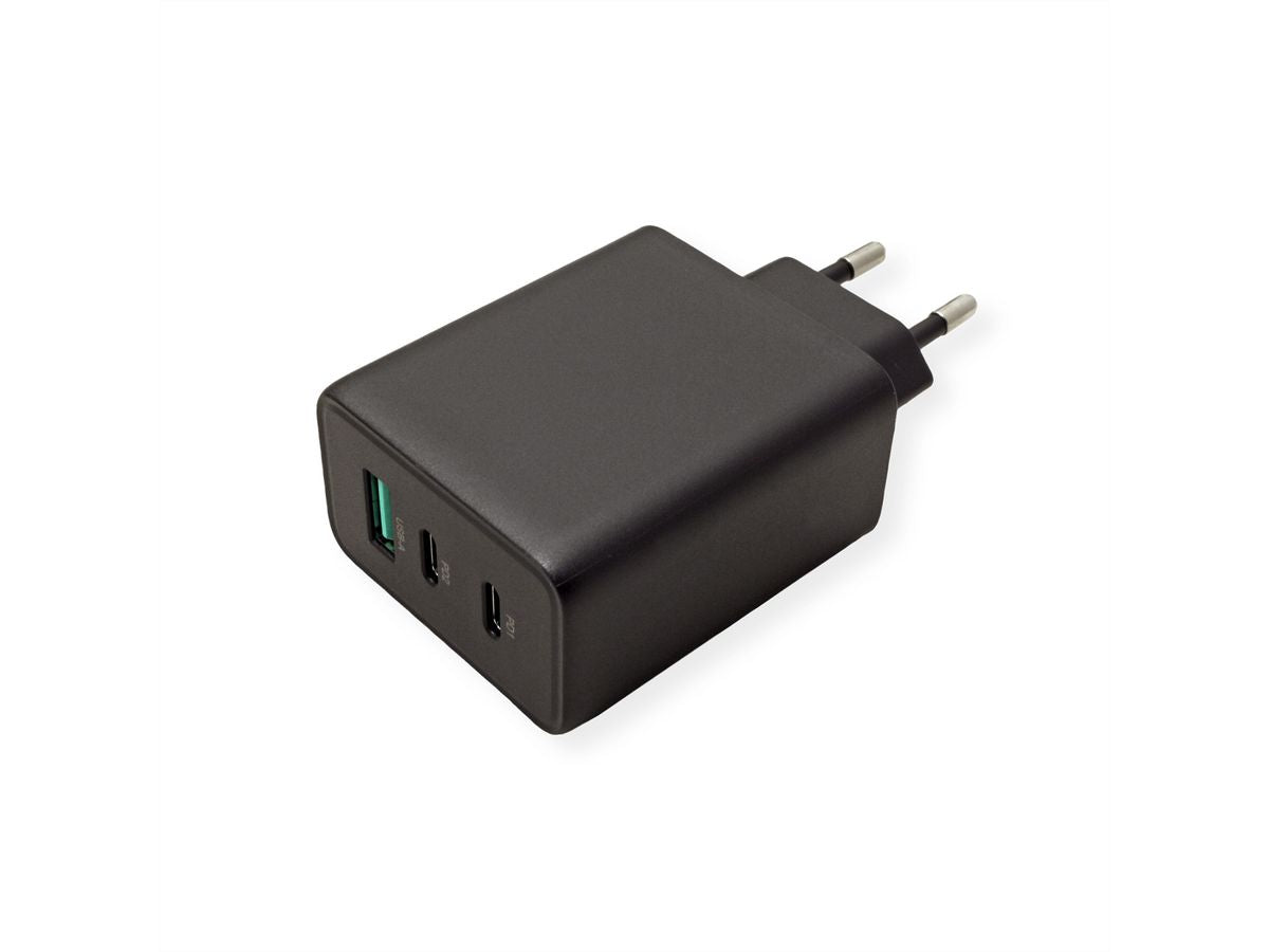 VALUE USB-Wandladegerät 65 W – USB-C×2, USB-A×1 – PD, GaN – EU-Stecker (Typ C) – Schwarz