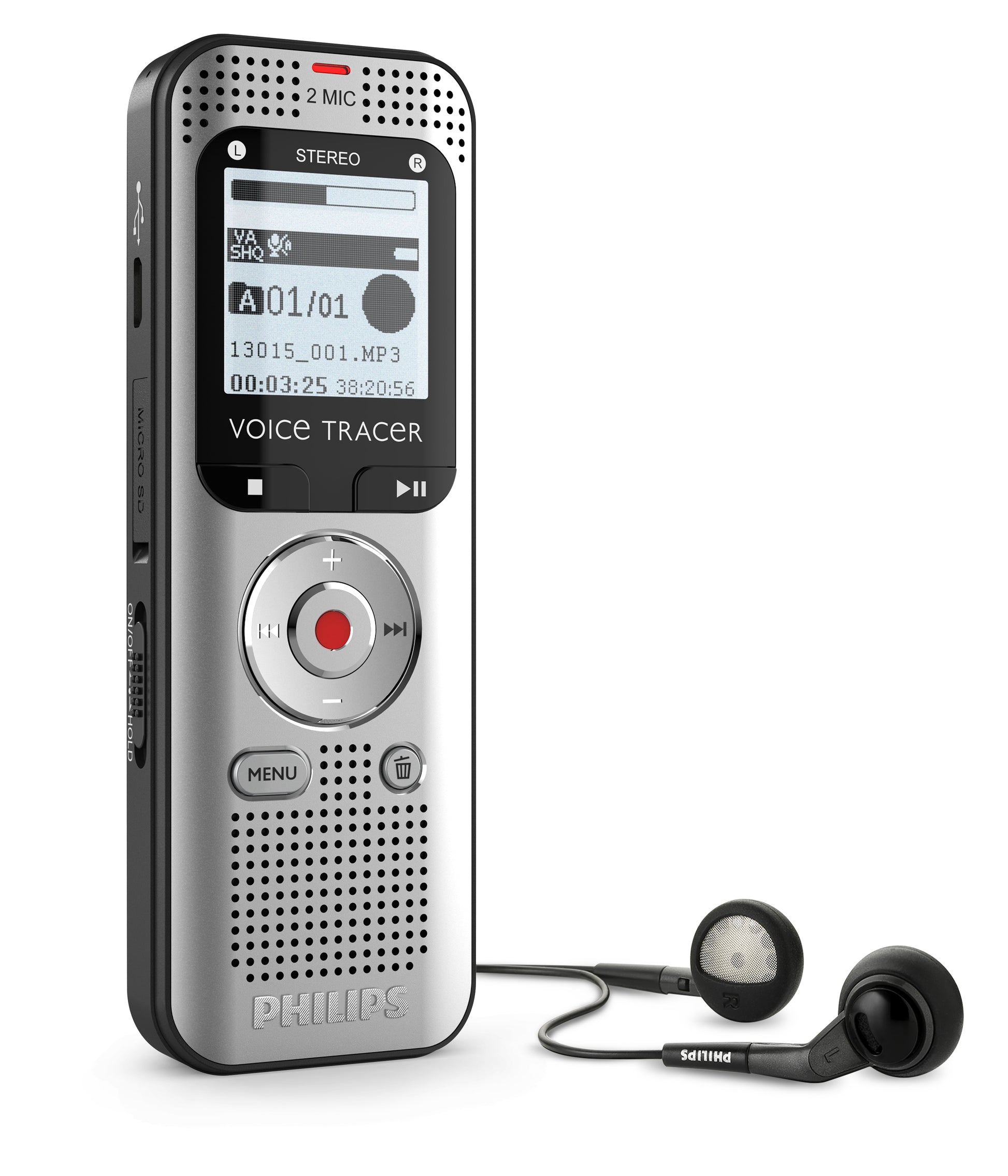Philips VoiceTracer DVT2015 – Diktiergerät, 8 GB, Stereo, MP3/WAV, bis zu 2370 h, 3,5 mm/USB, microSD