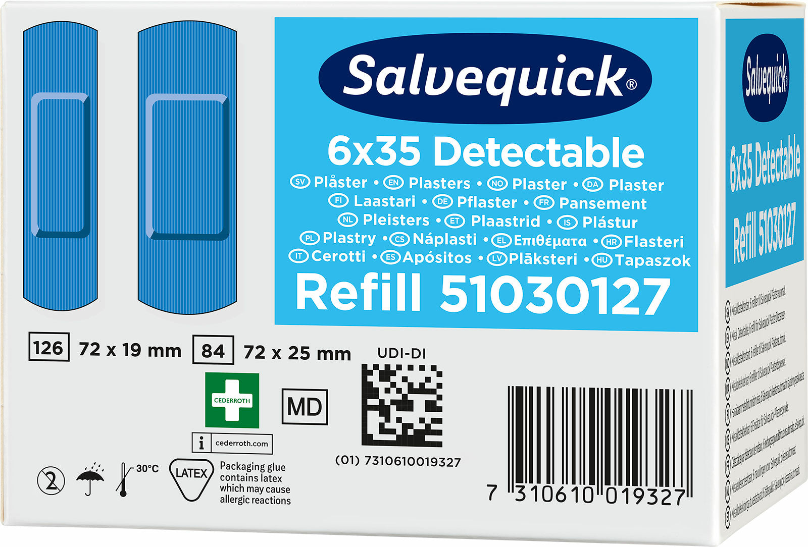 Cederroth Nachfüllpackung für detektierbare Pflaster – 35 Stück, für Salvequick Spender, 72 × 19 mm, 72 × 25 mm
