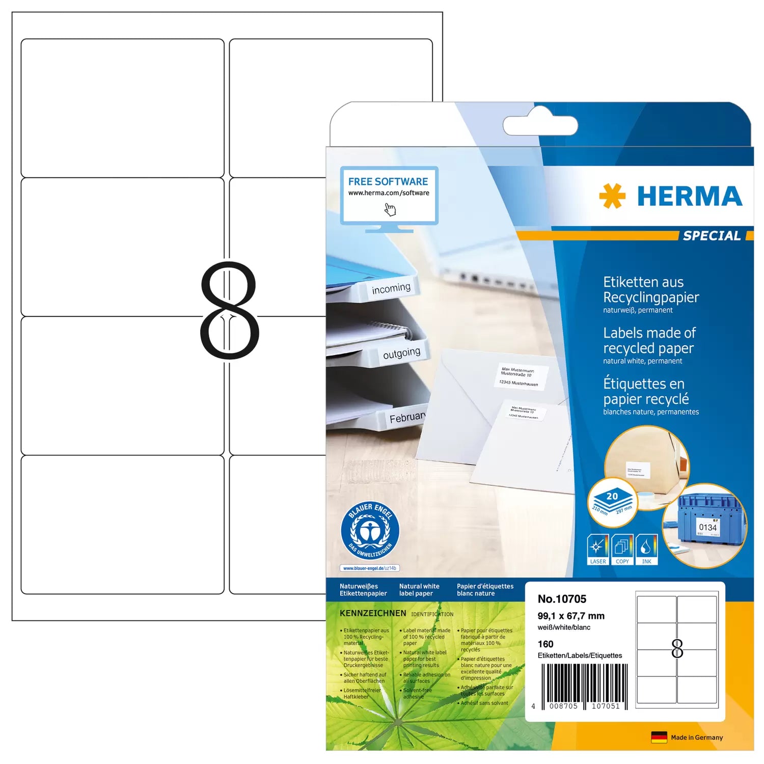 HERMA Drucketiketten, 99 mm × 68 mm, naturweiss, Altpapier, permanent, 20 Blatt (160 Etiketten)