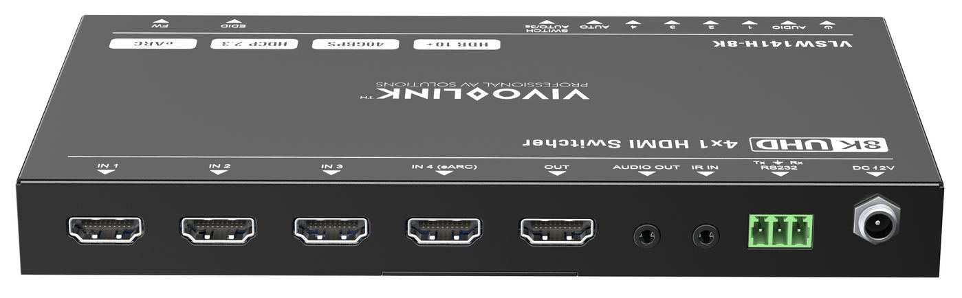 Vivolink HDMI-Switch 4×1, 8K@60 Hz, eARC, Analoger Audio-De-Embedder, RS-232