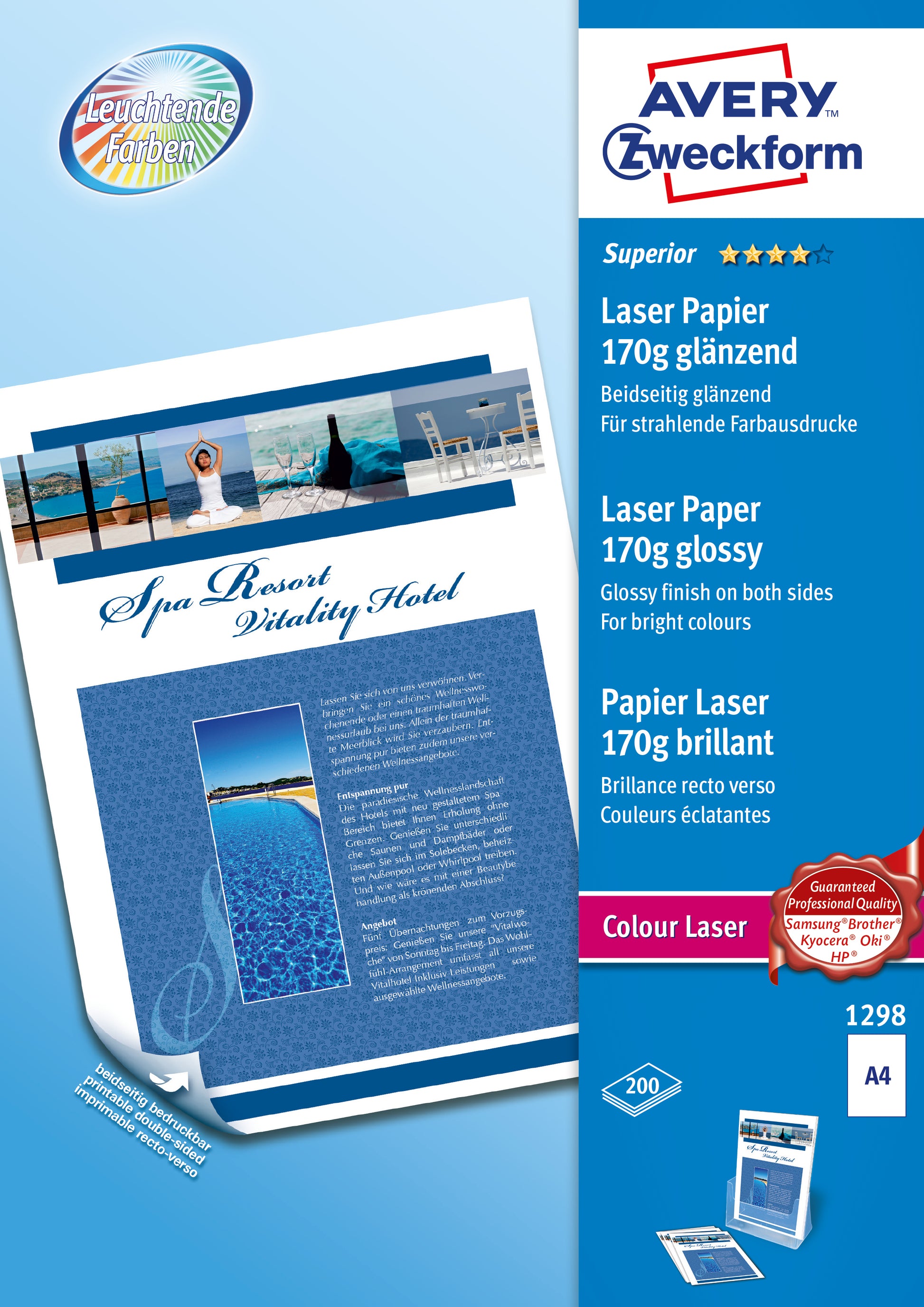 Avery Zweckform Superio Colour Fotopapier – glänzend, A4, 170 g/m², 200 Blatt – für Laserdrucker
