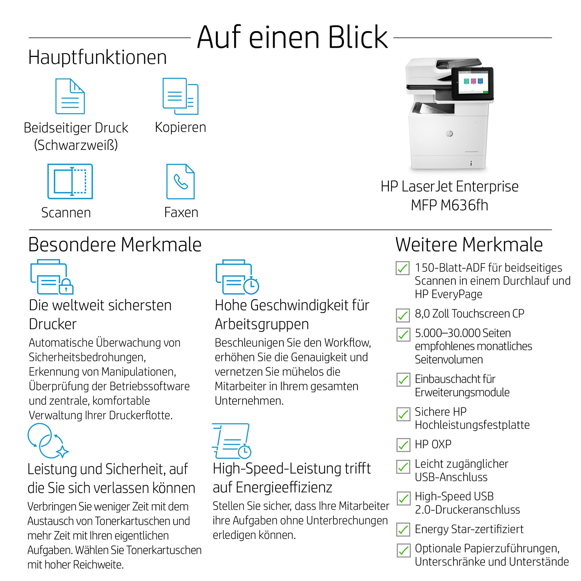 HP LaserJet Enterprise MFP M636fh – SW-Laser-Multifunktionsdrucker, A4, 4-in-1, Duplex, ADF, WLAN/LAN