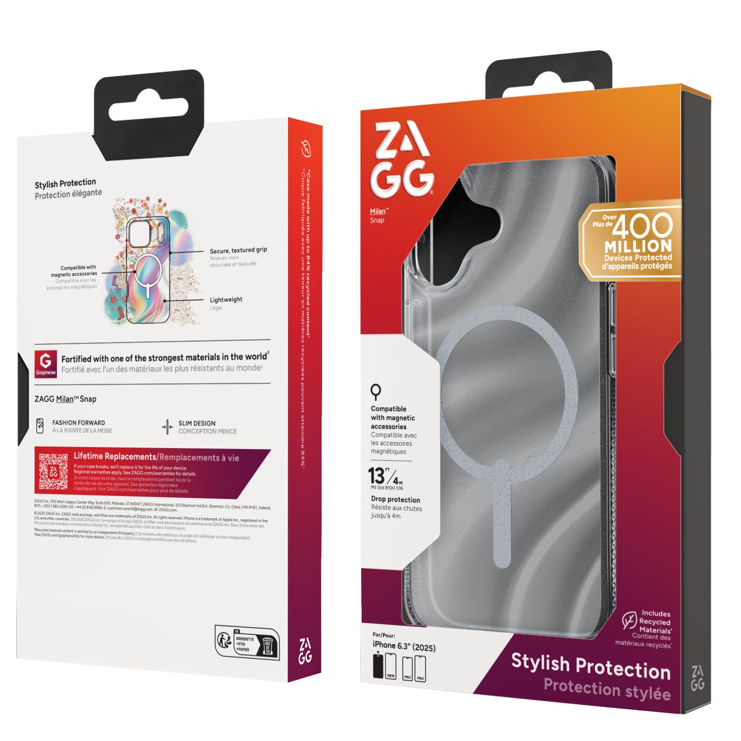 ZAGG Milan Snap Backcover – für Apple iPhone 17, Graphen, Silber, Bryce Glitter Swirl, bis 4 m Sturzsicher