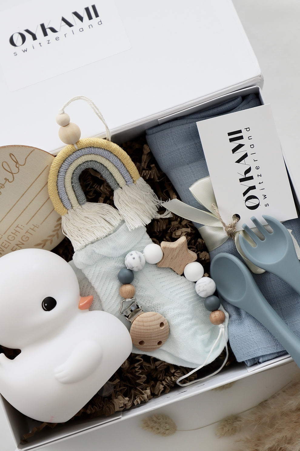 OYKAMI Geschenkbox – Organische Baumwolle, Holz – Blau, Weiss