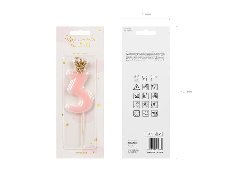 PartyDeco Geburtstagskerzen Zahl 3 – Rosa – 9,5 cm – 1 Stück