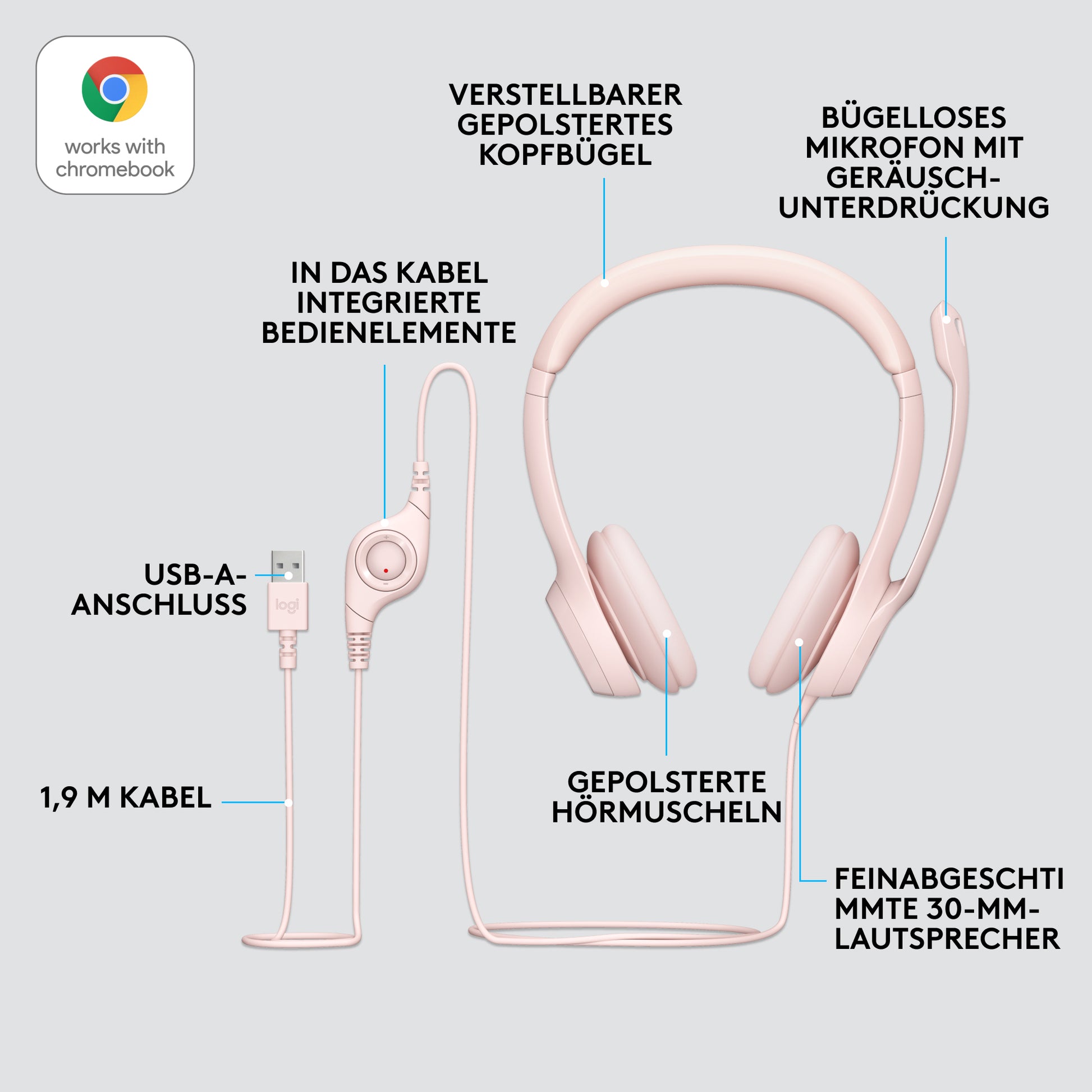 Logitech H390 – Headset – USB‑A – Pink – für PC/Mac