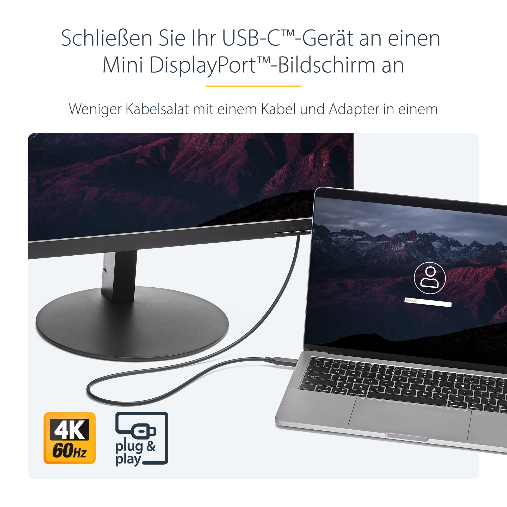 StarTech.com USB-C (Stecker) auf Mini DisplayPort (Stecker) Adapter, 4K@60 Hz, 1,8 m